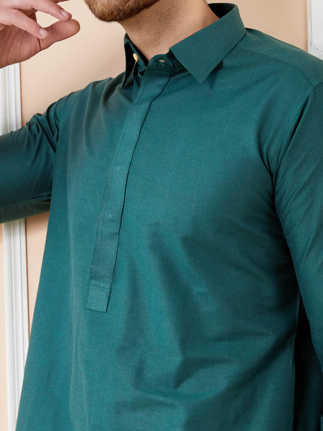 Men Green Cotton Solid Pathani Kurta - Image 5