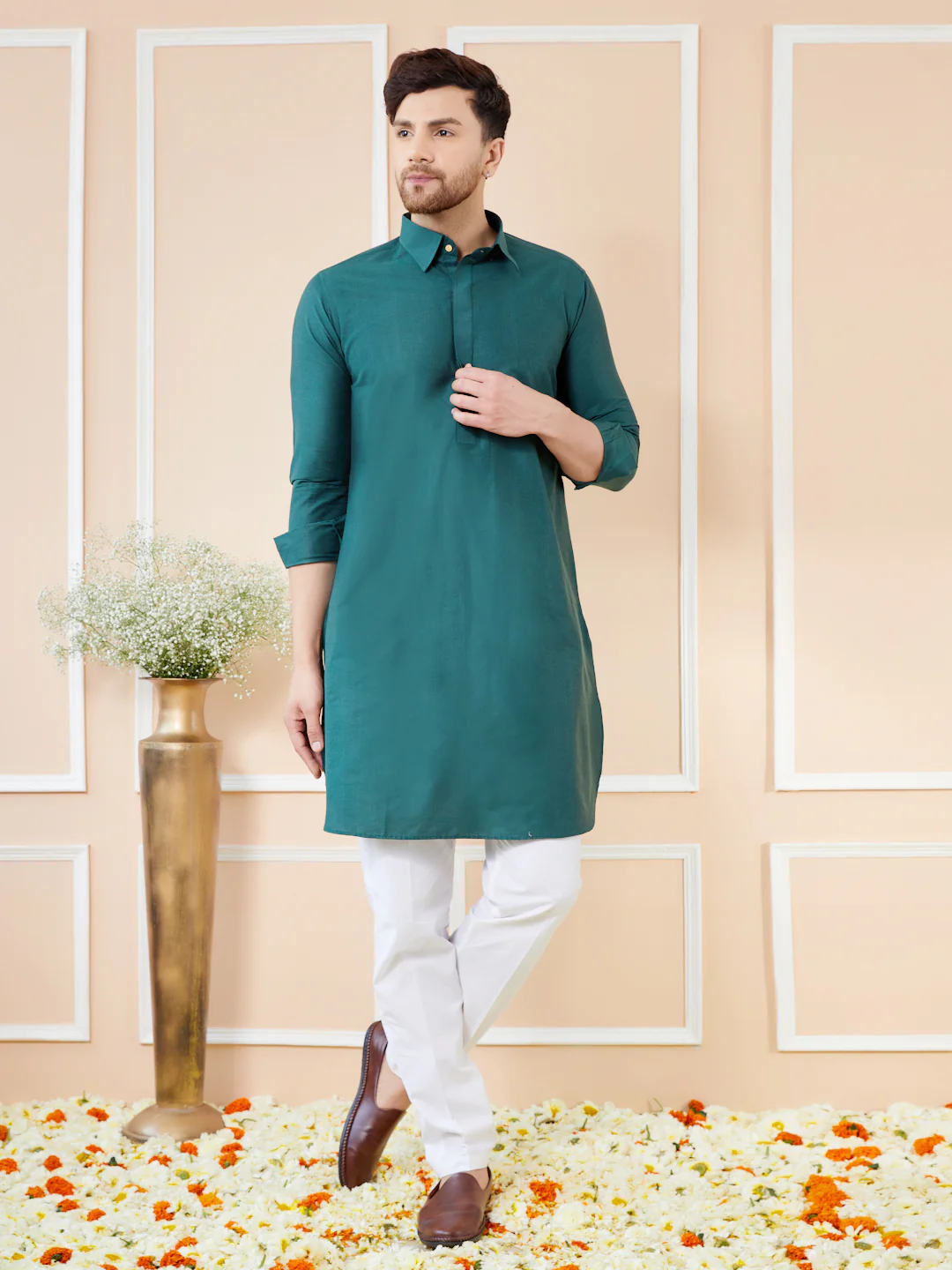 Men Green Cotton Solid Pathani Kurta - Image 6