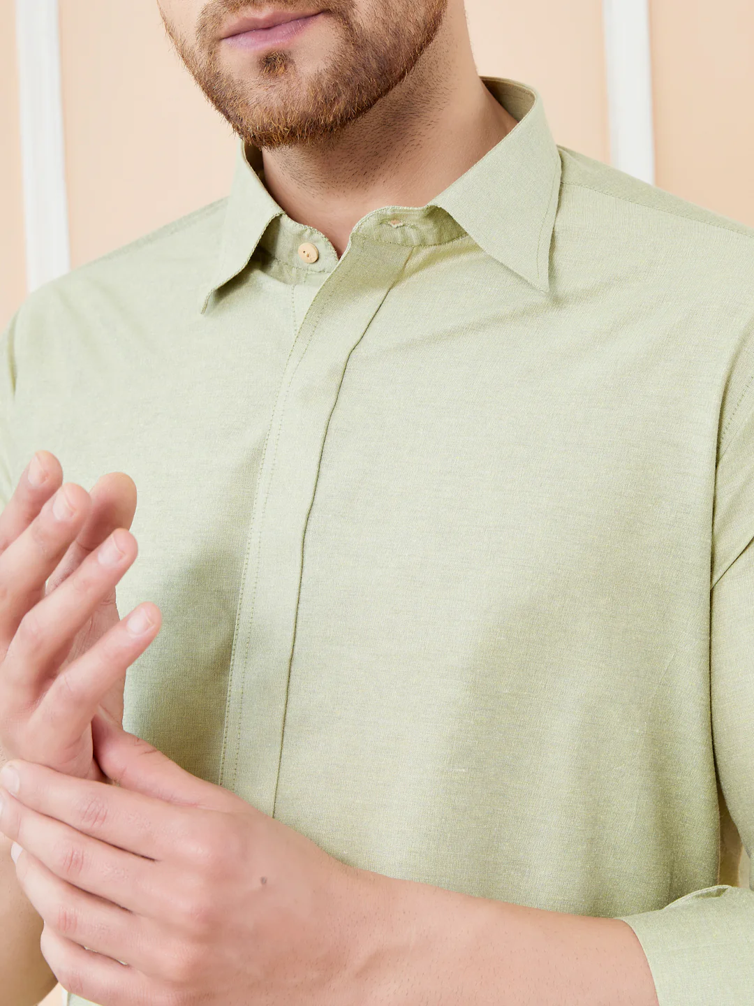 Men Green Cotton Solid Pathani Kurta - Image 2