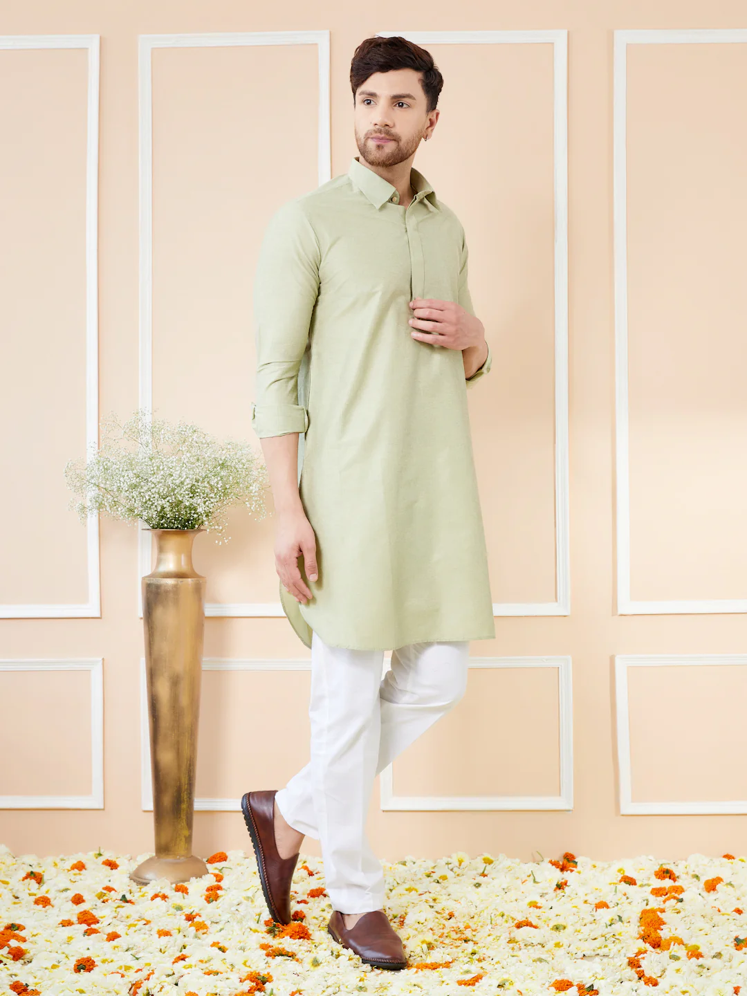 Men Green Cotton Solid Pathani Kurta - Image 3