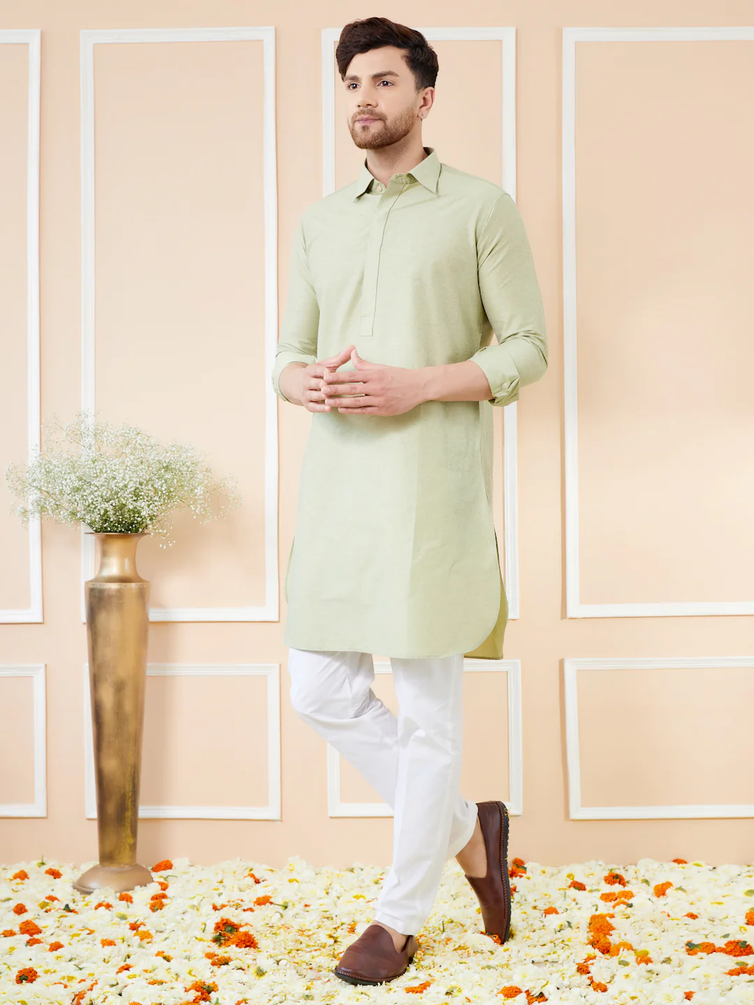 Men Green Cotton Solid Pathani Kurta - Image 4