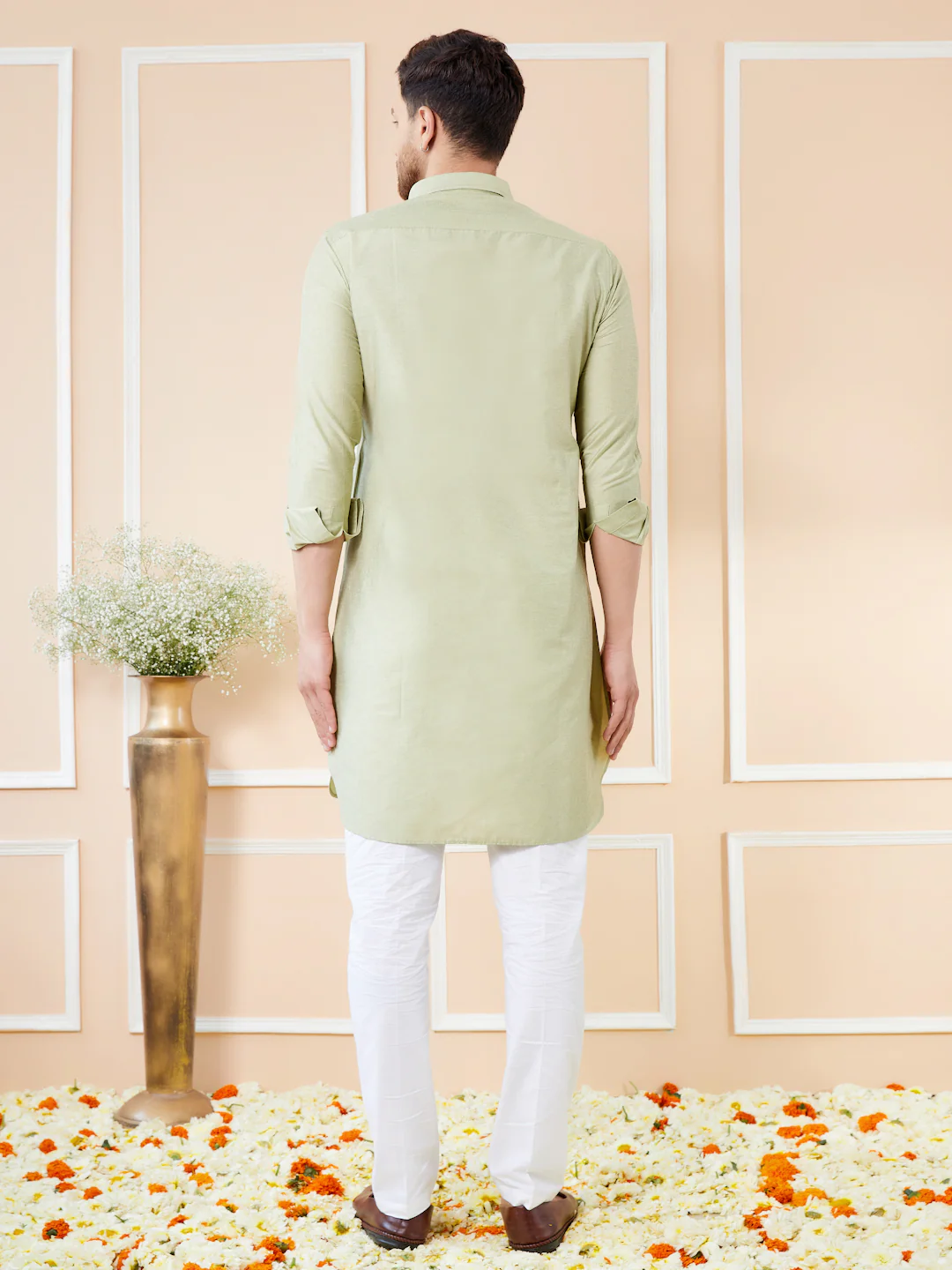 Men Green Cotton Solid Pathani Kurta - Image 5