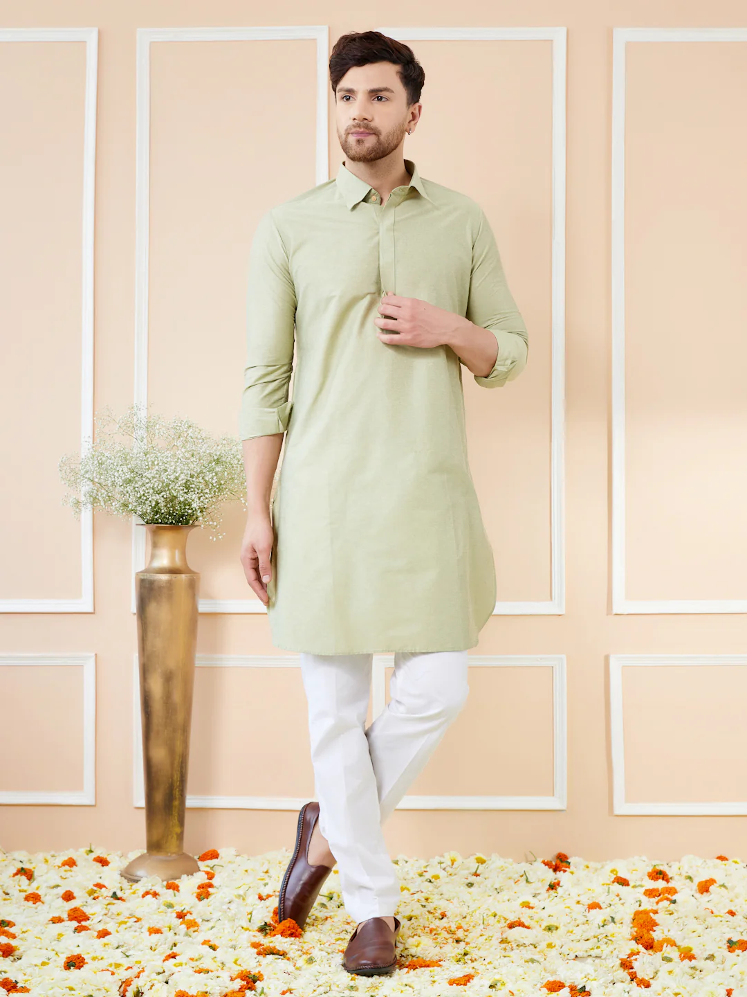 Men Green Cotton Solid Pathani Kurta - Image 6