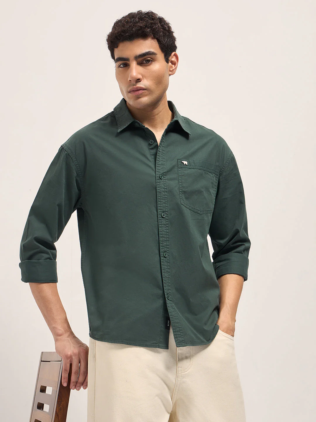 Men Green Cotton Solid Relaxed Fit Overshirt