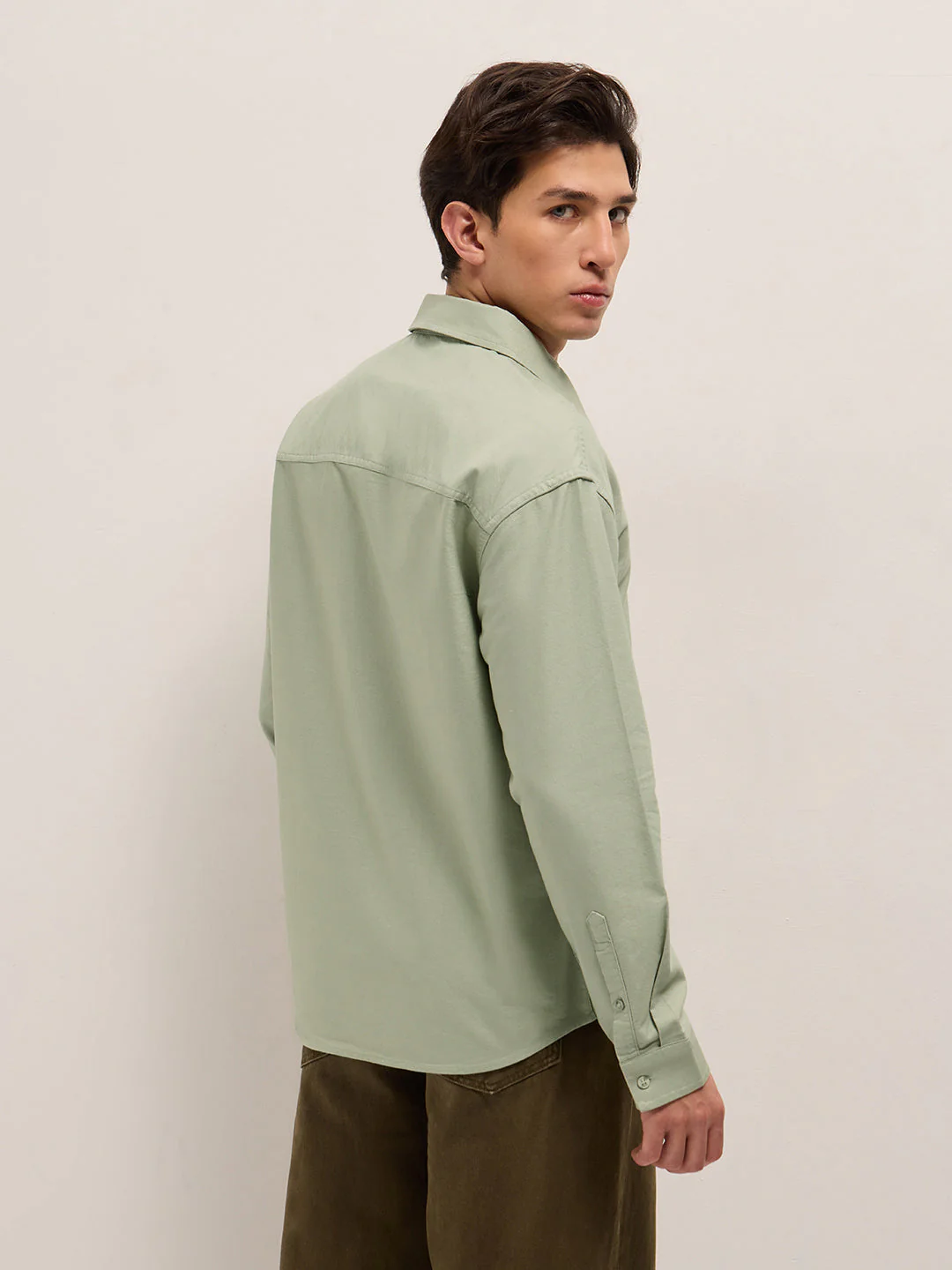 Men Green Cotton Solid Relaxed Fit Overshirt - Image 2