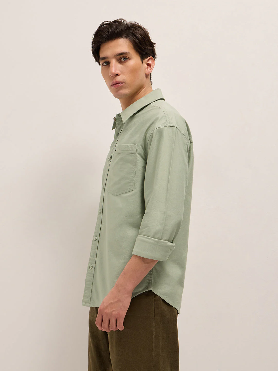 Men Green Cotton Solid Relaxed Fit Overshirt - Image 3