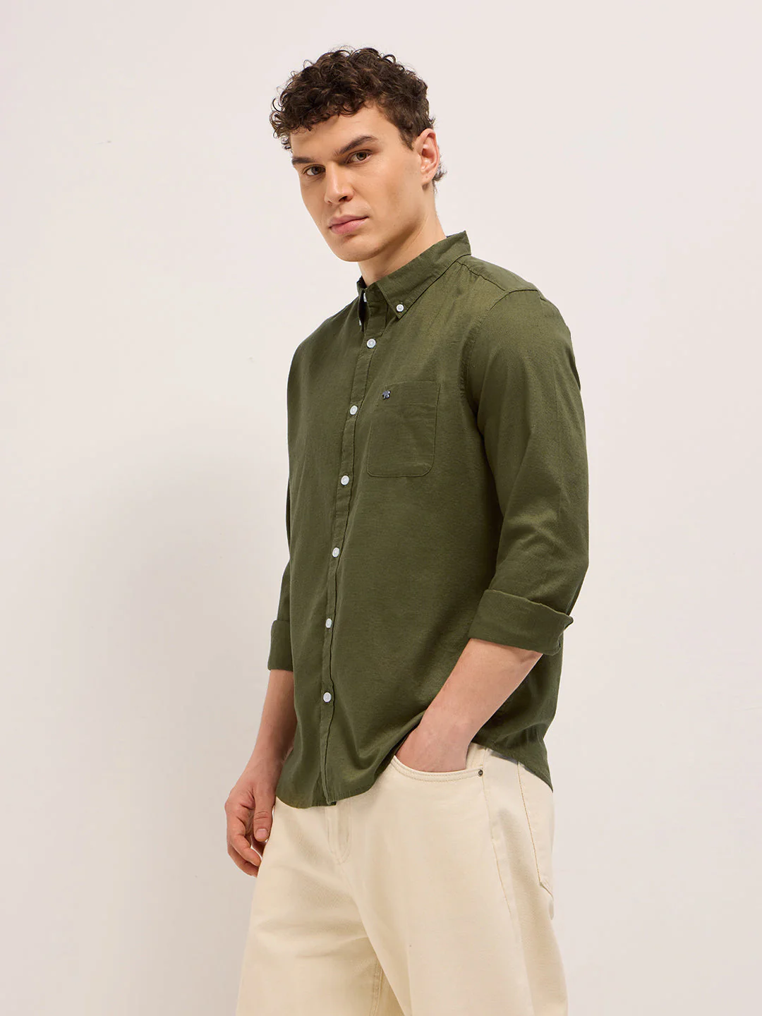 Men Green Cotton Solid Slim Fit Casual Shirt - Image 3
