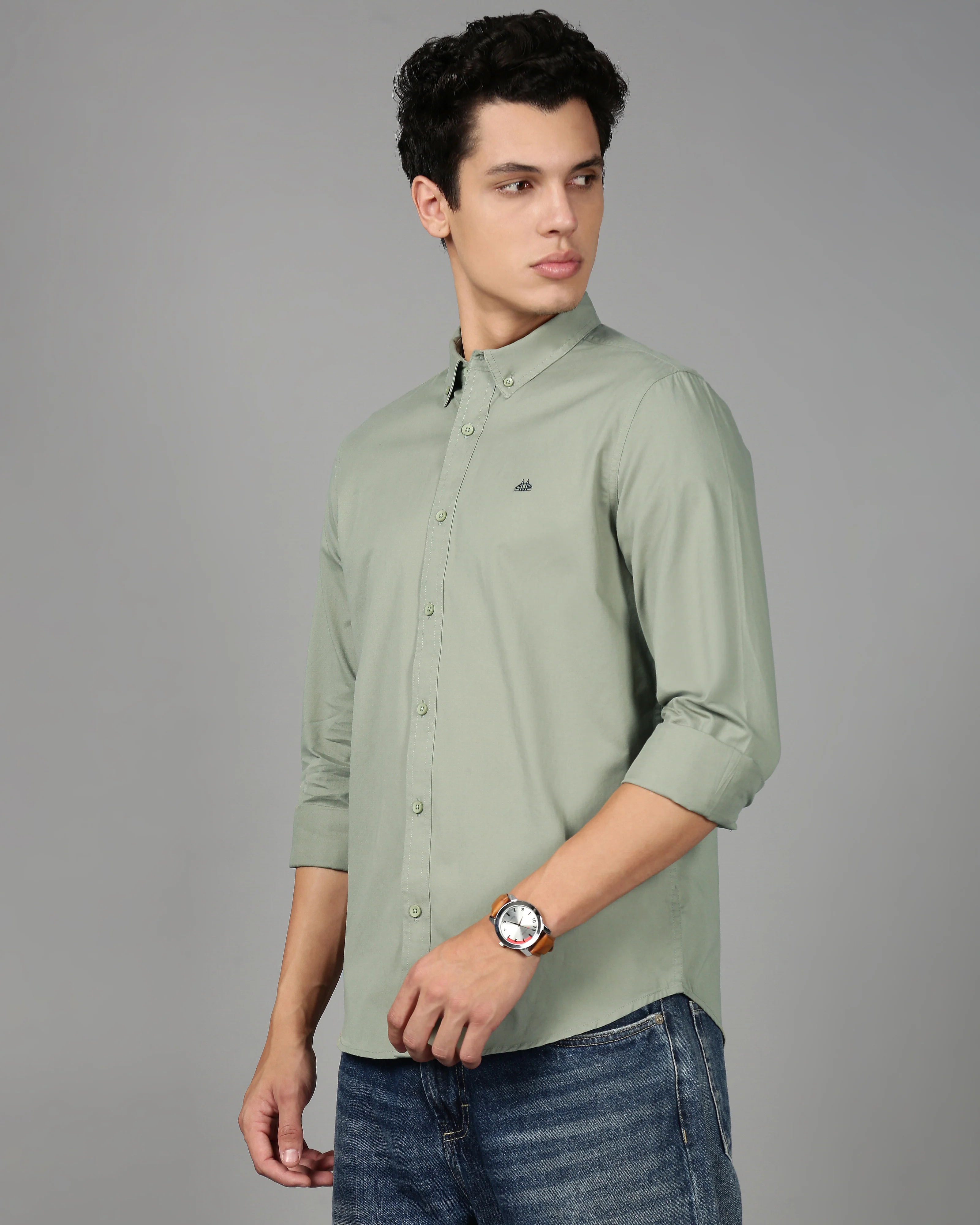 Men Green Cotton Twill Shirt - Image 5
