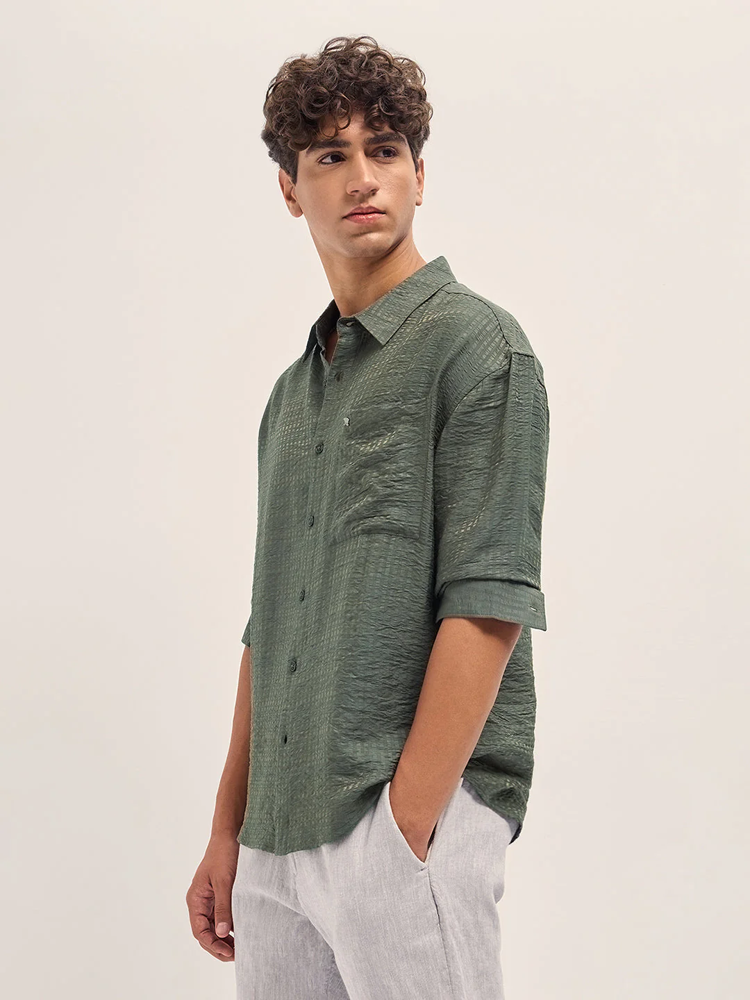 Men Green Crinkled Stripe Textured Relaxed Fit Long Sleeve Shirt - Image 3