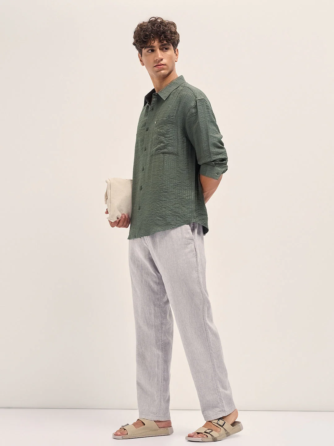 Men Green Crinkled Stripe Textured Relaxed Fit Long Sleeve Shirt - Image 4
