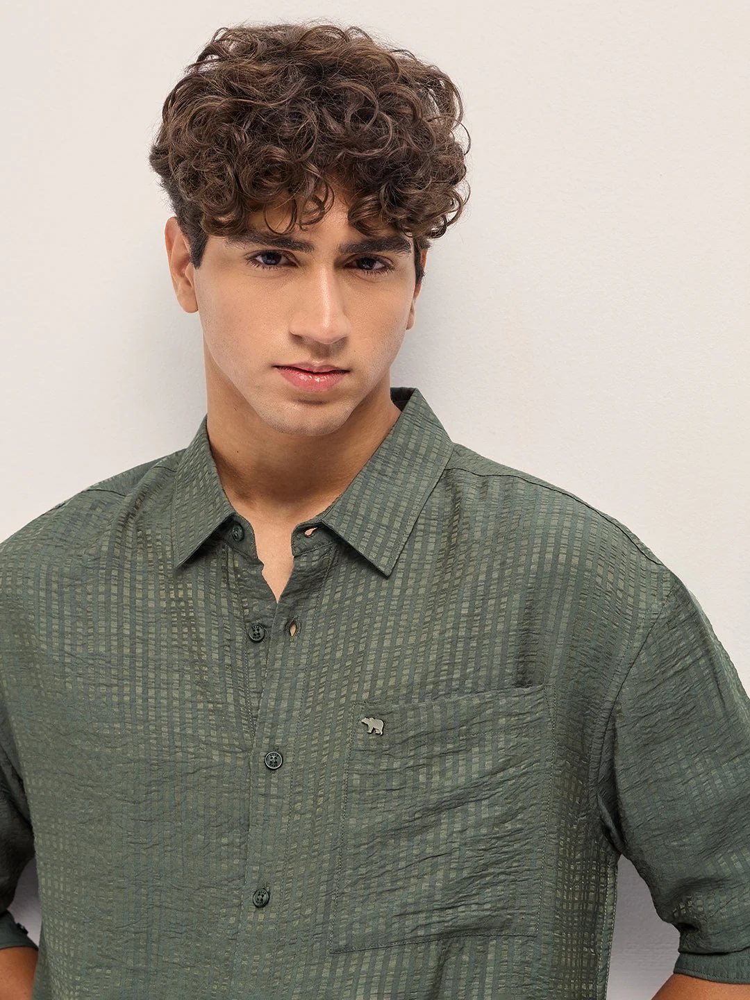 Men Green Crinkled Stripe Textured Relaxed Fit Long Sleeve Shirt - Image 5