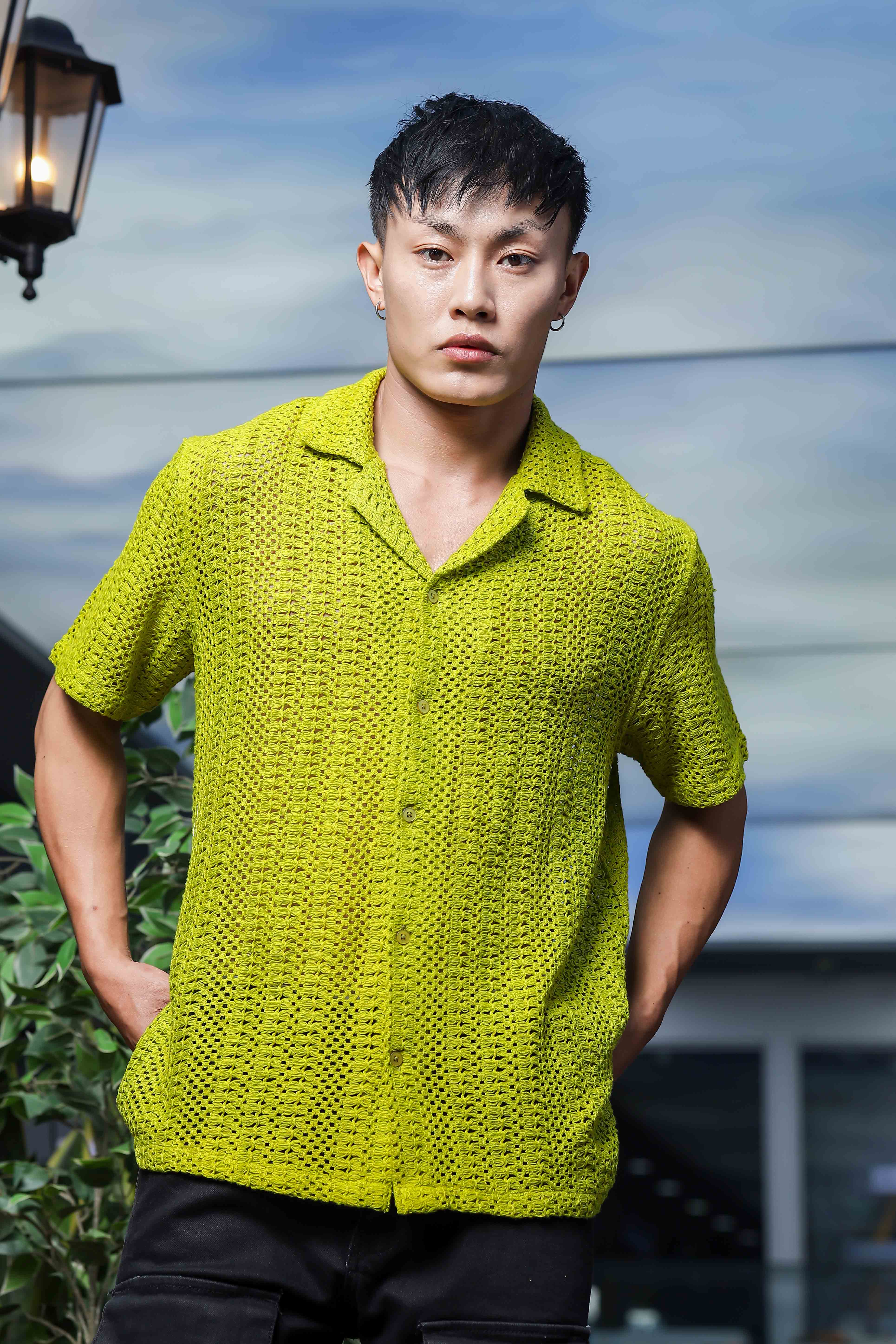 Men Green Crochet Shirt - Image 2