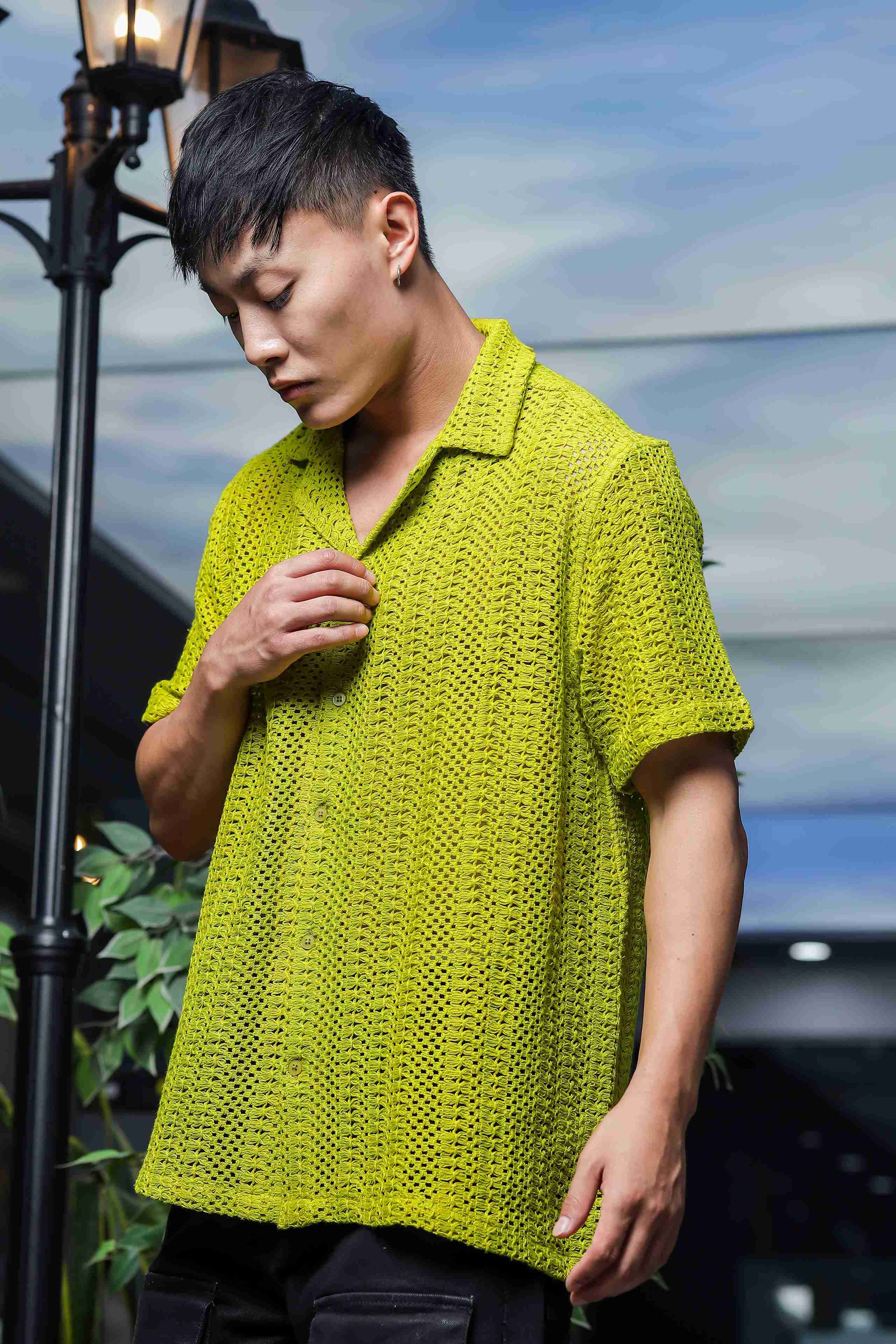 Men Green Crochet Shirt - Image 5
