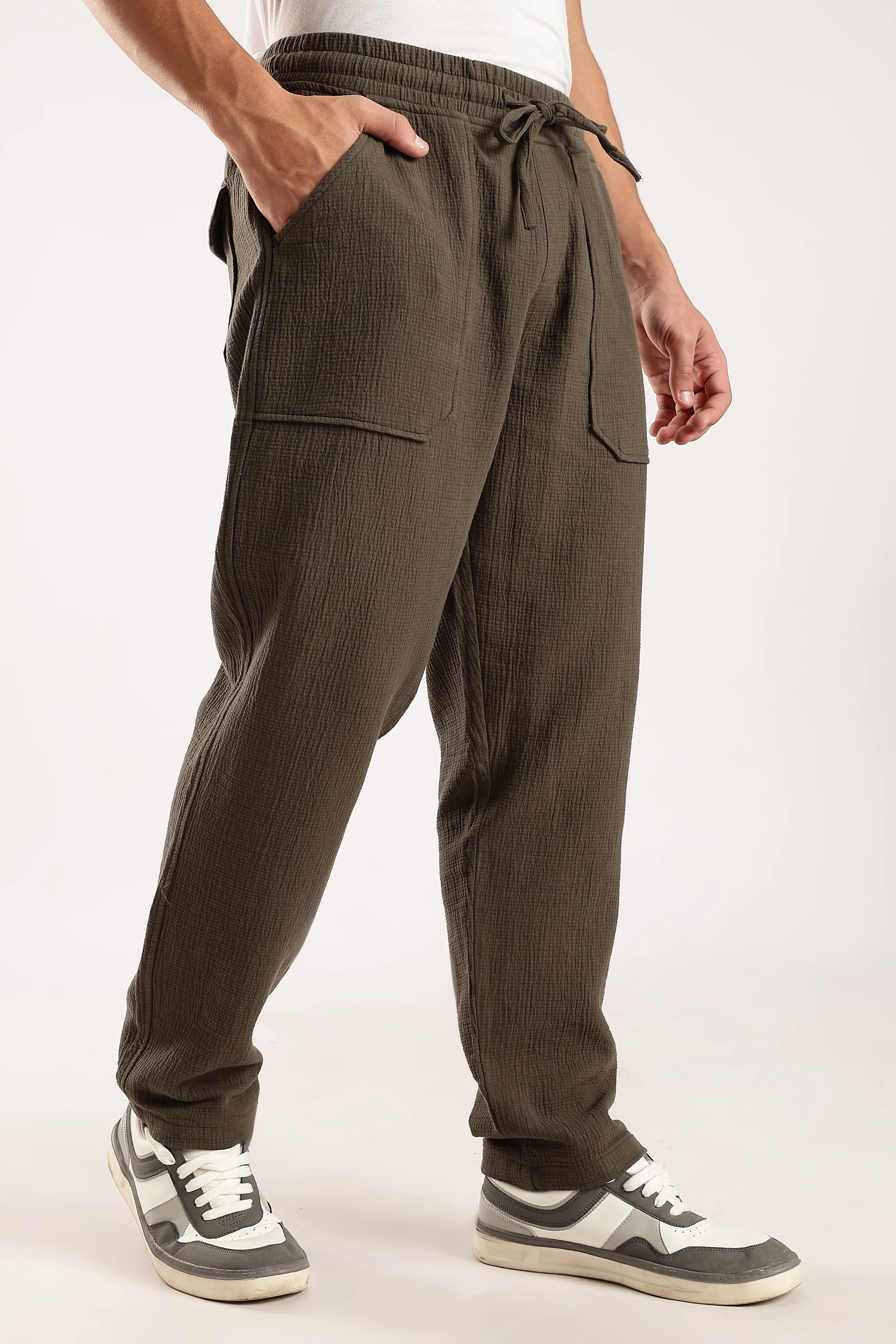 Men Green Drawcord Trousers - Image 3