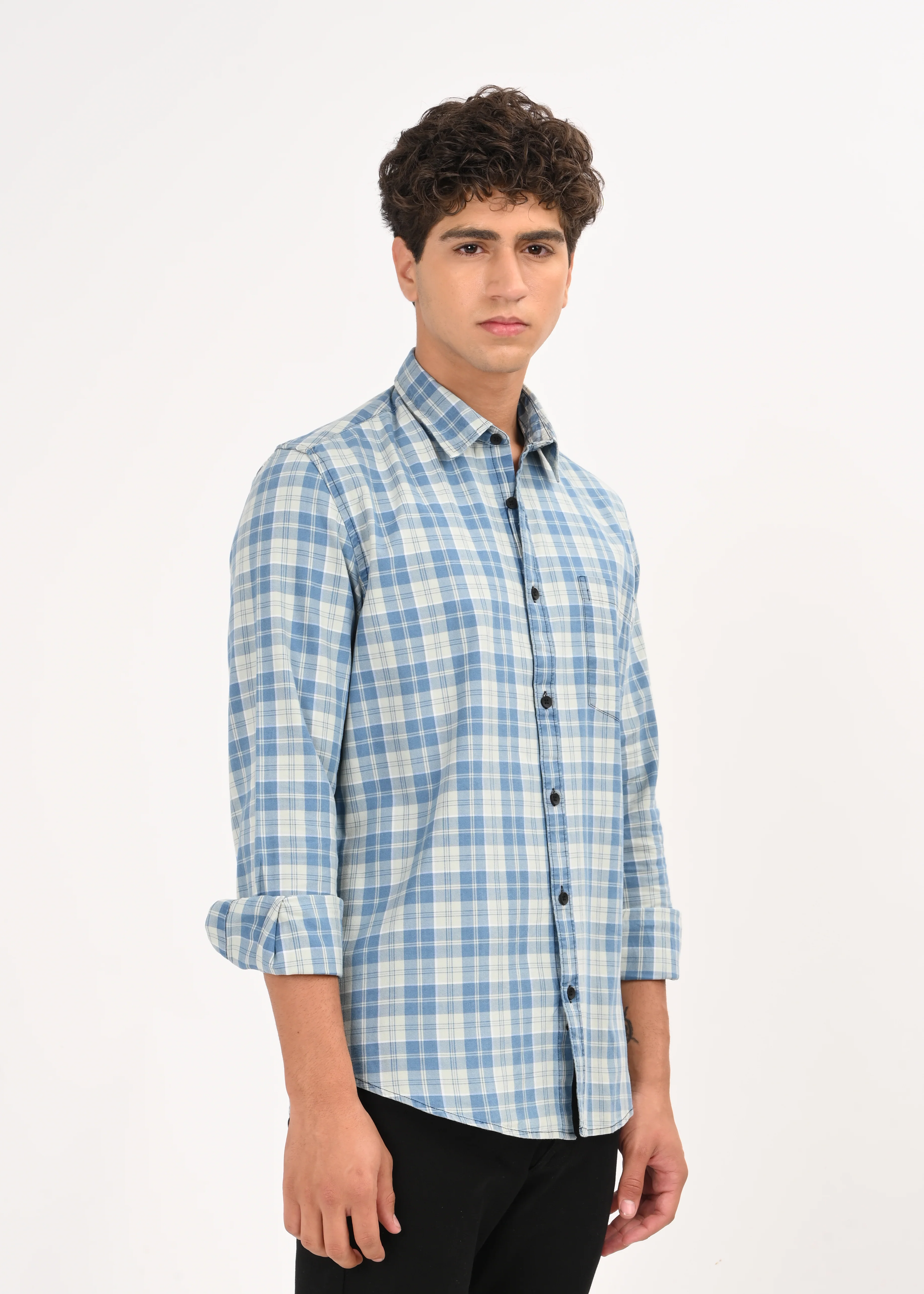 Men Indigo Dyed Checked Shirt - Image 5