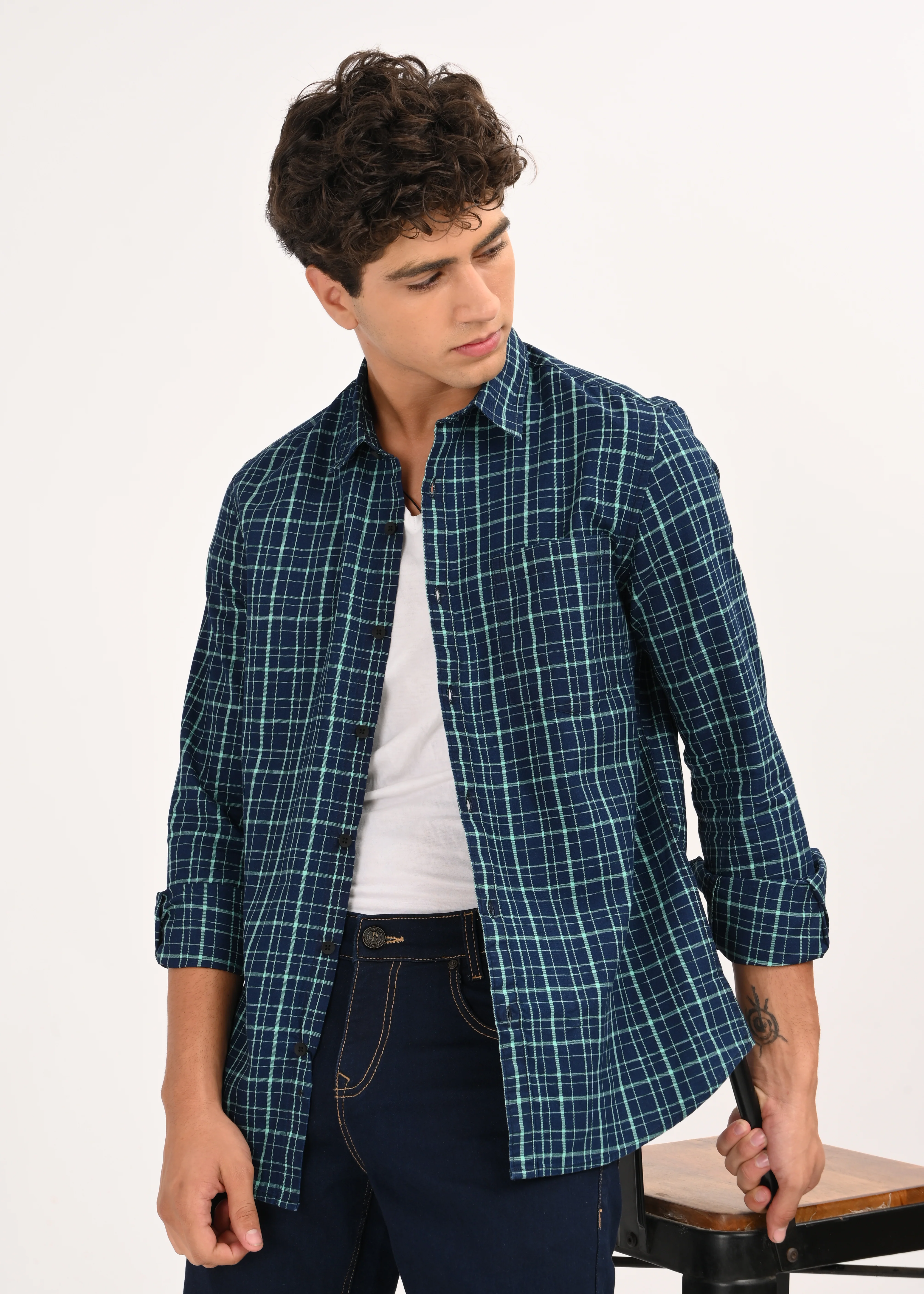 Men Green Dyed Checked Shirt - Image 8