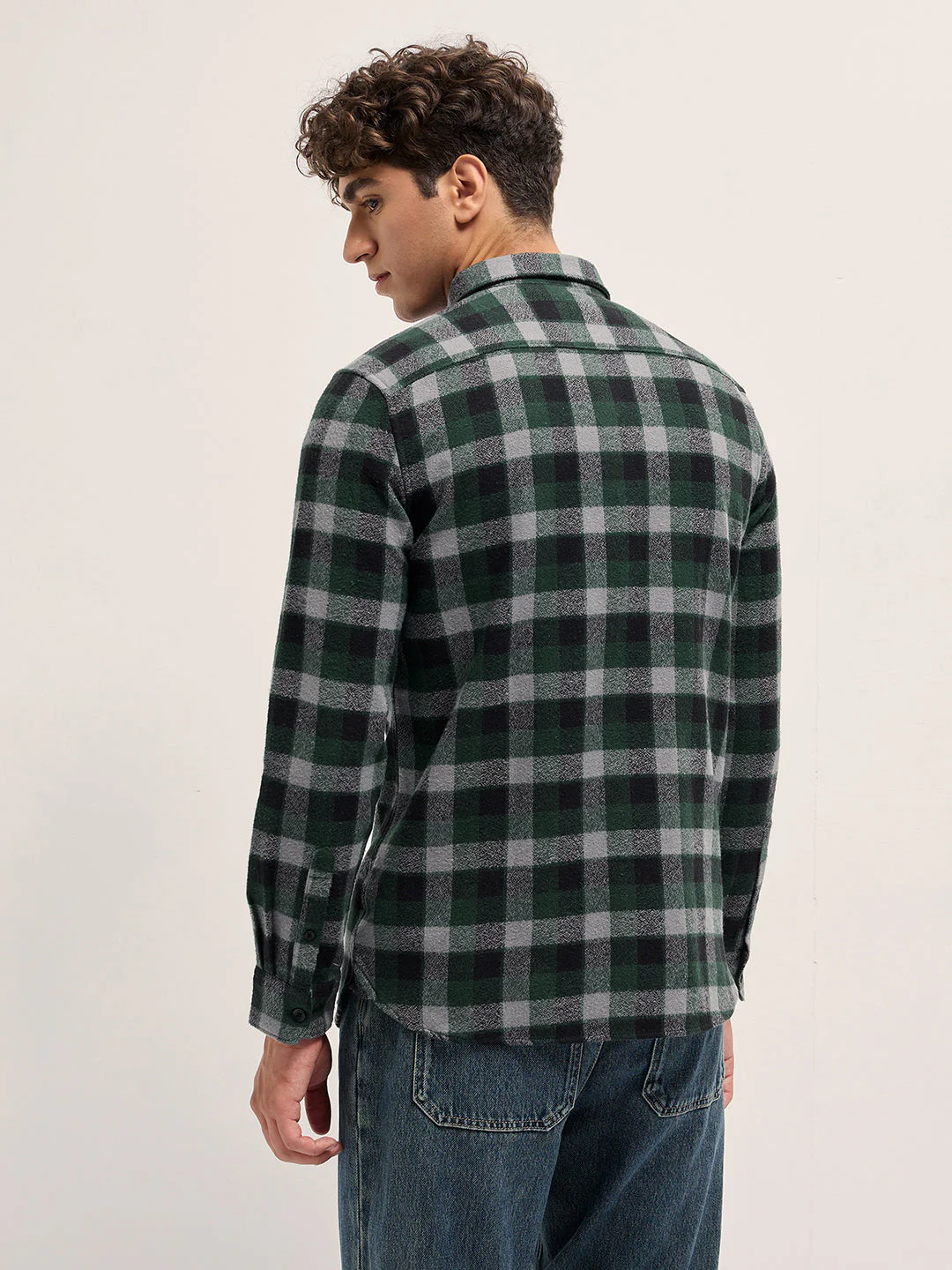 Men Green Flannel Check Slim Fit Casual Shirt - Image 2