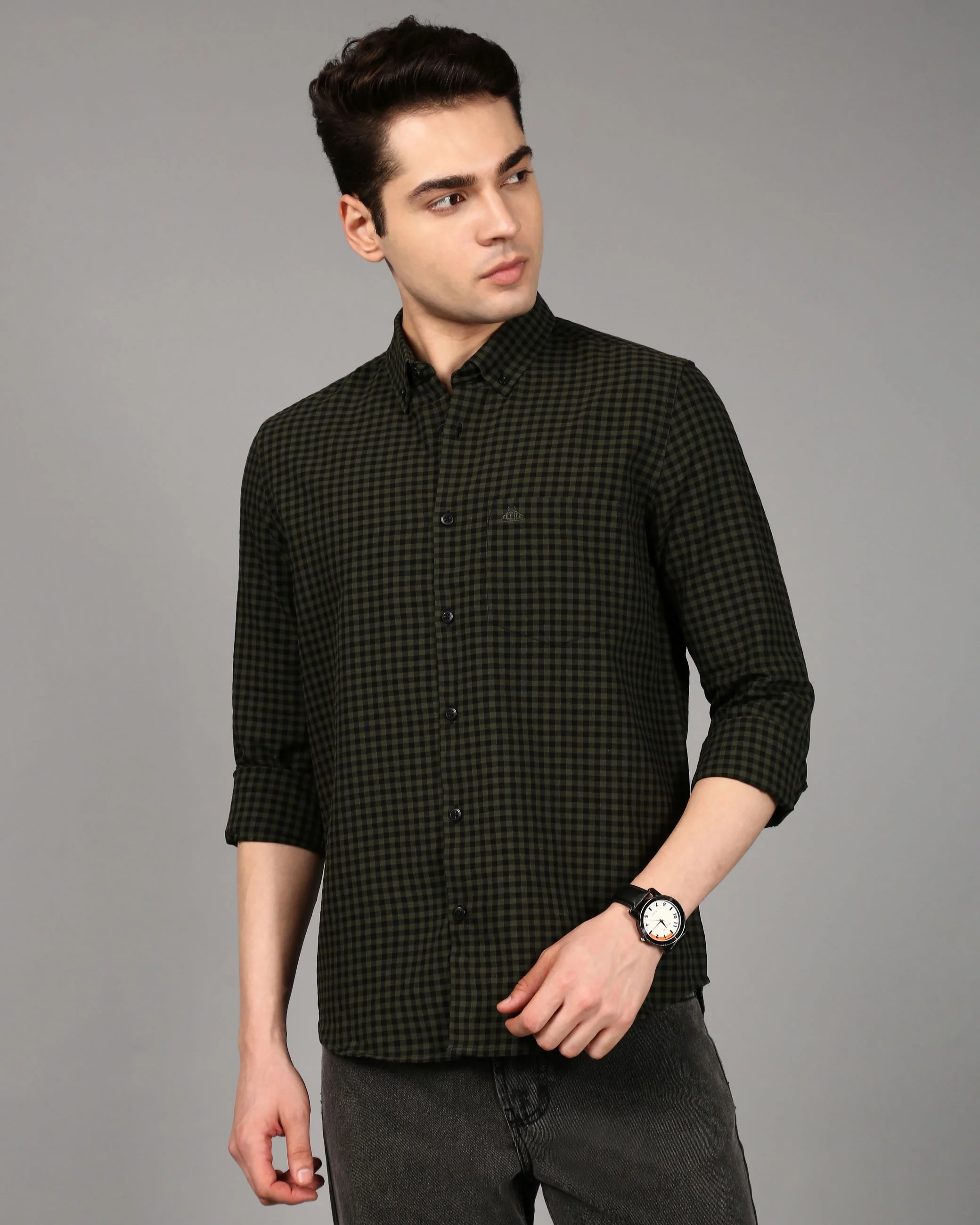 Men Green Gingham Checked Shirt - Image 4
