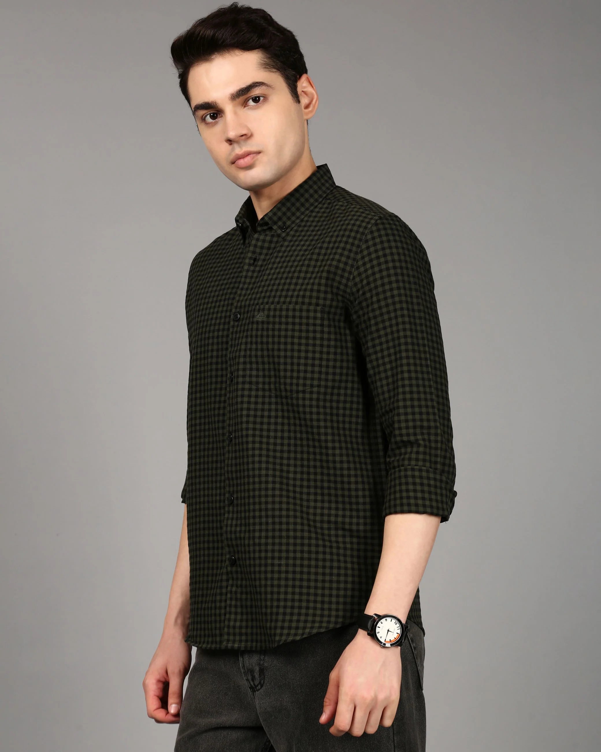 Men Green Gingham Checked Shirt - Image 5