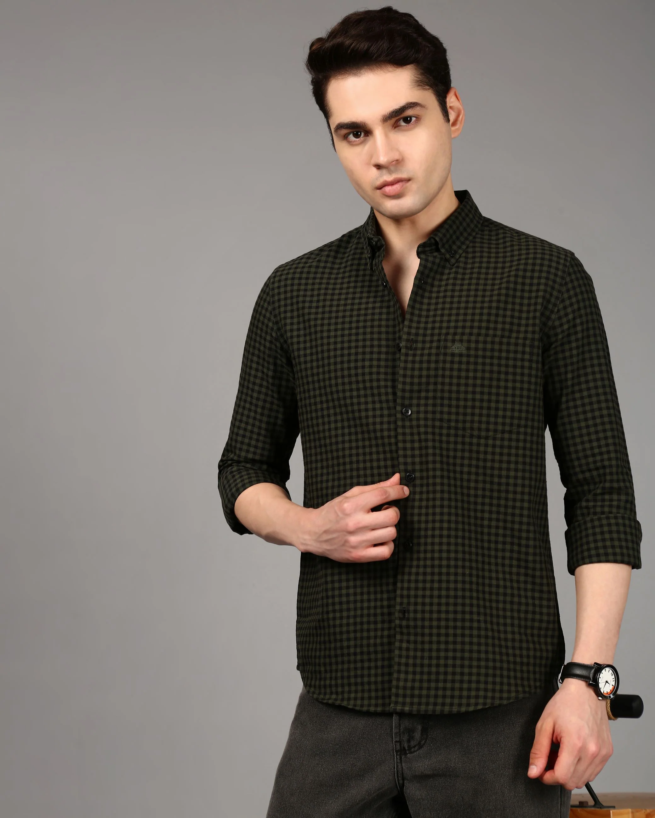 Men Green Gingham Checked Shirt - Image 6
