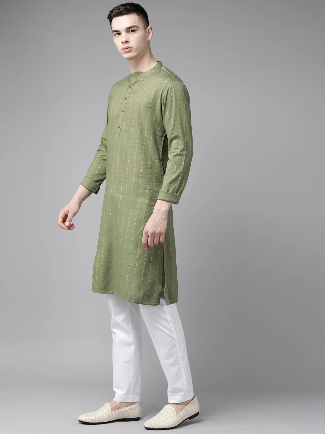 Men Green & Gold Stripe Printed Straight Kurta - Image 4