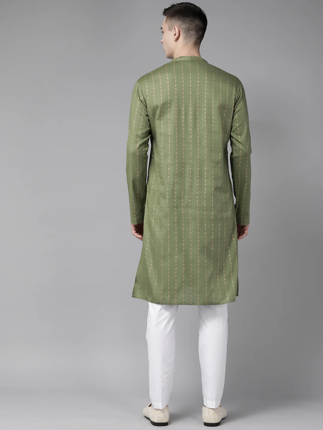 Men Green & Gold Stripe Printed Straight Kurta - Image 5