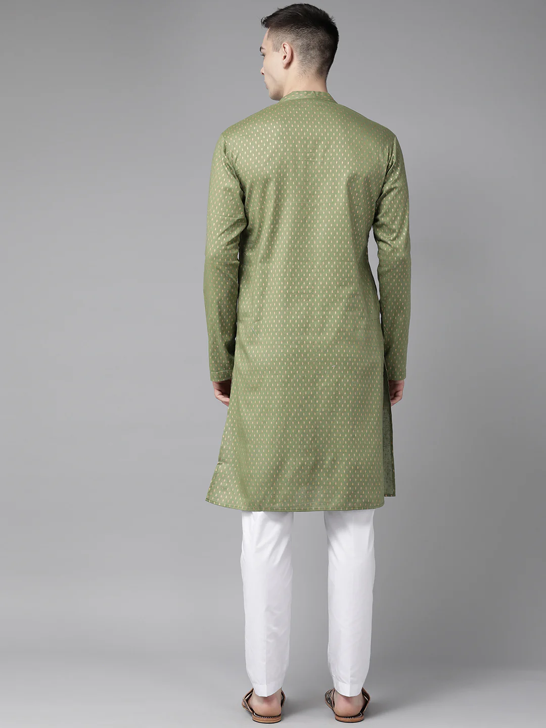 Men Green & Gold Stripe Printed Straight Kurta - Image 5