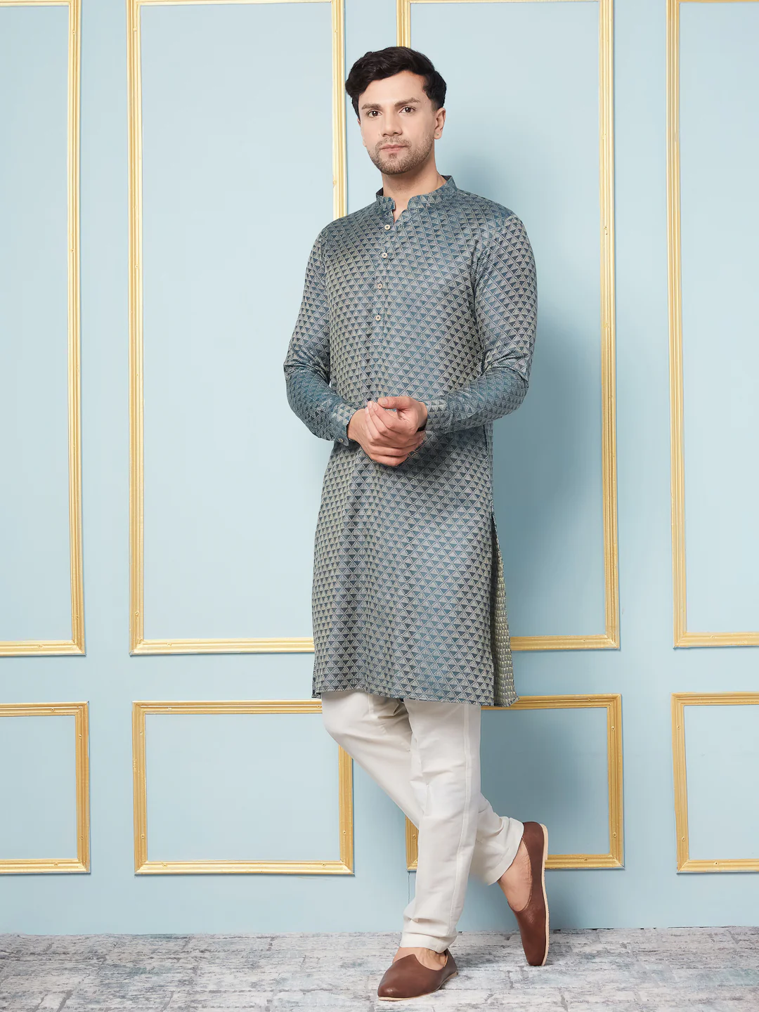 Men Green Woven Design Thread Work Kurta - Image 4