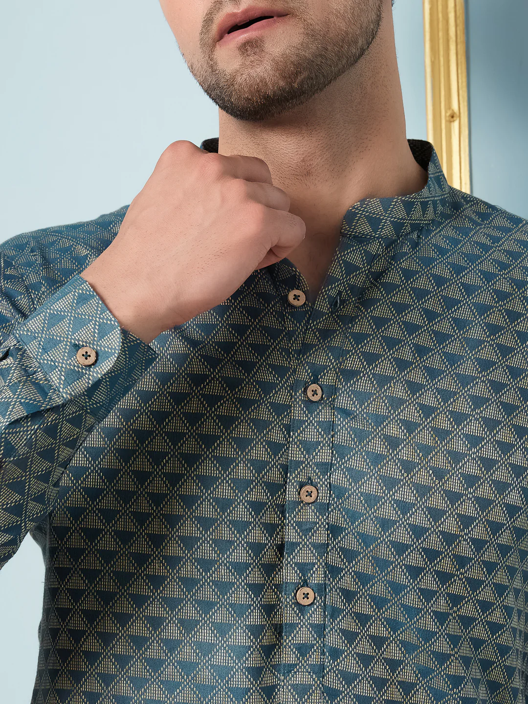 Men Green Woven Design Thread Work Kurta - Image 5