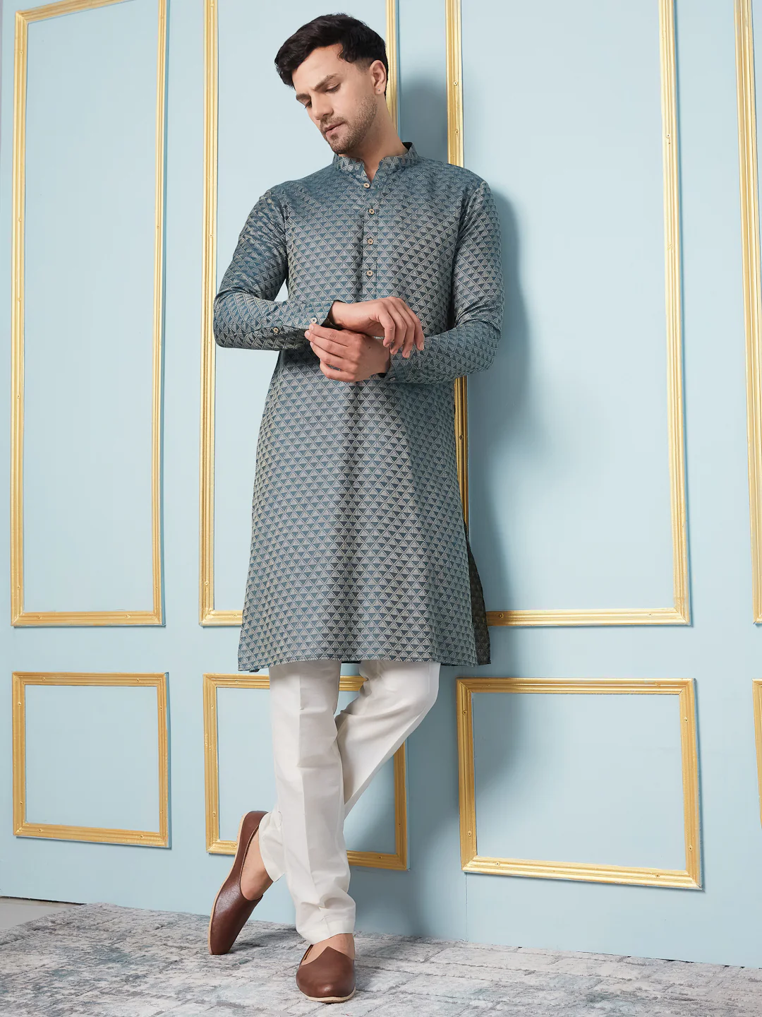 Men Green Woven Design Thread Work Kurta - Image 6