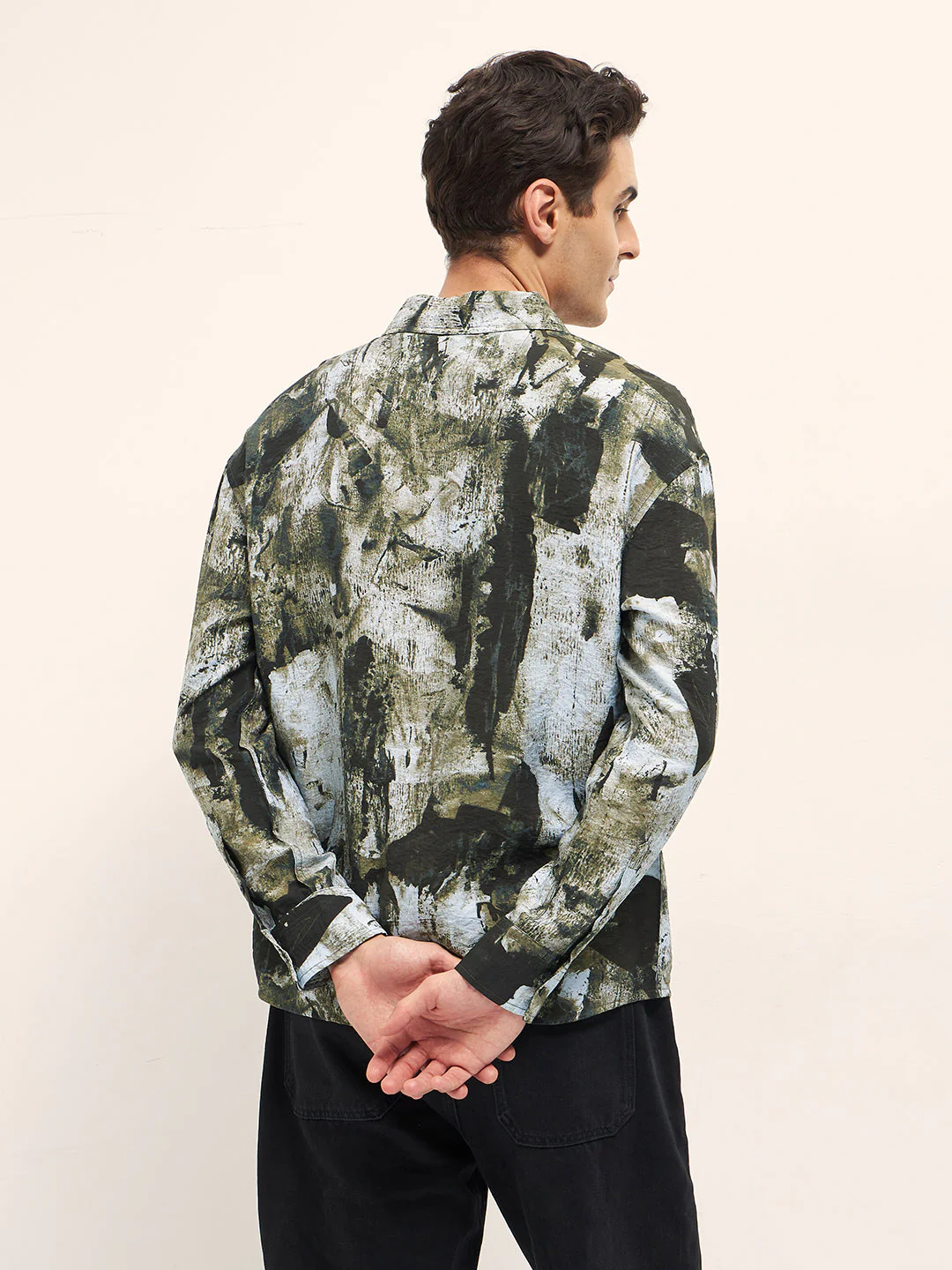 Men Green Hand-Painted Textured Print Relax Fit Overshirt - Image 2