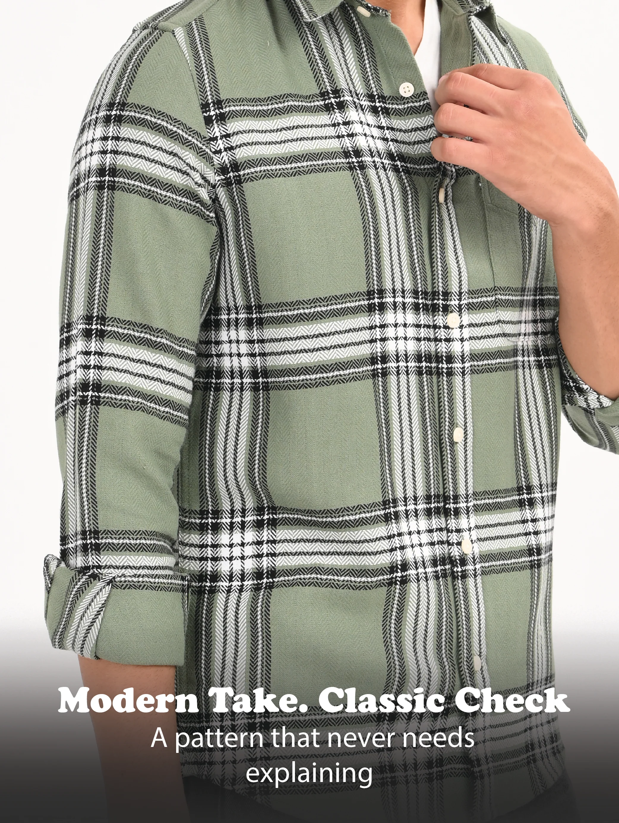 Men Green Herringbone Checked Shirt - Image 3