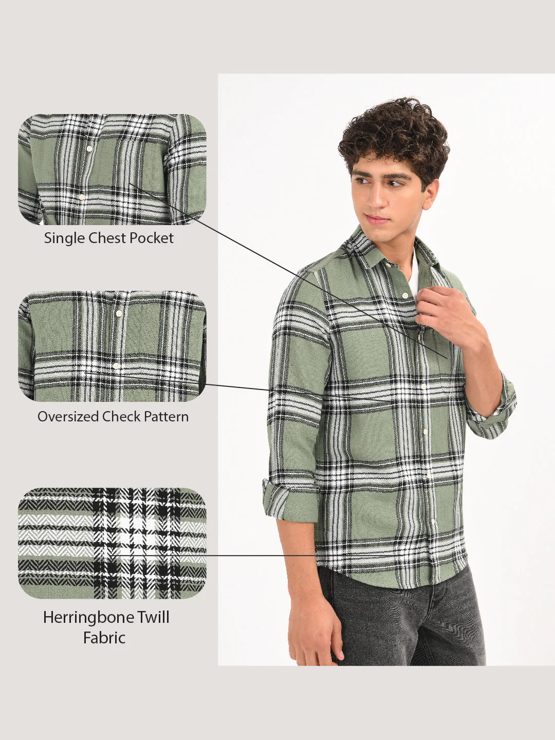 Men Green Herringbone Checked Shirt - Image 6