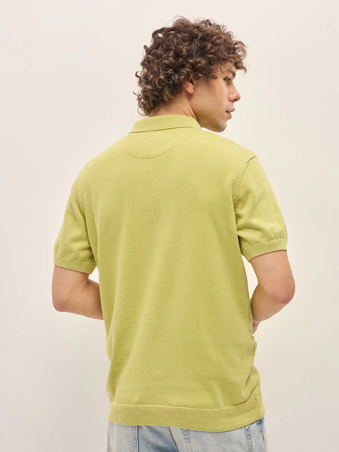 Men Green Horizontal Textured Knit Regular Fit Polo T-shirt - Image 2