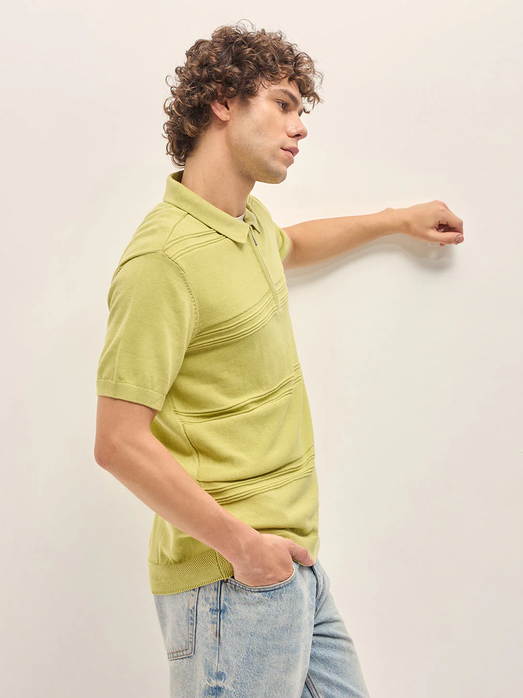 Men Green Horizontal Textured Knit Regular Fit Polo T-shirt - Image 3
