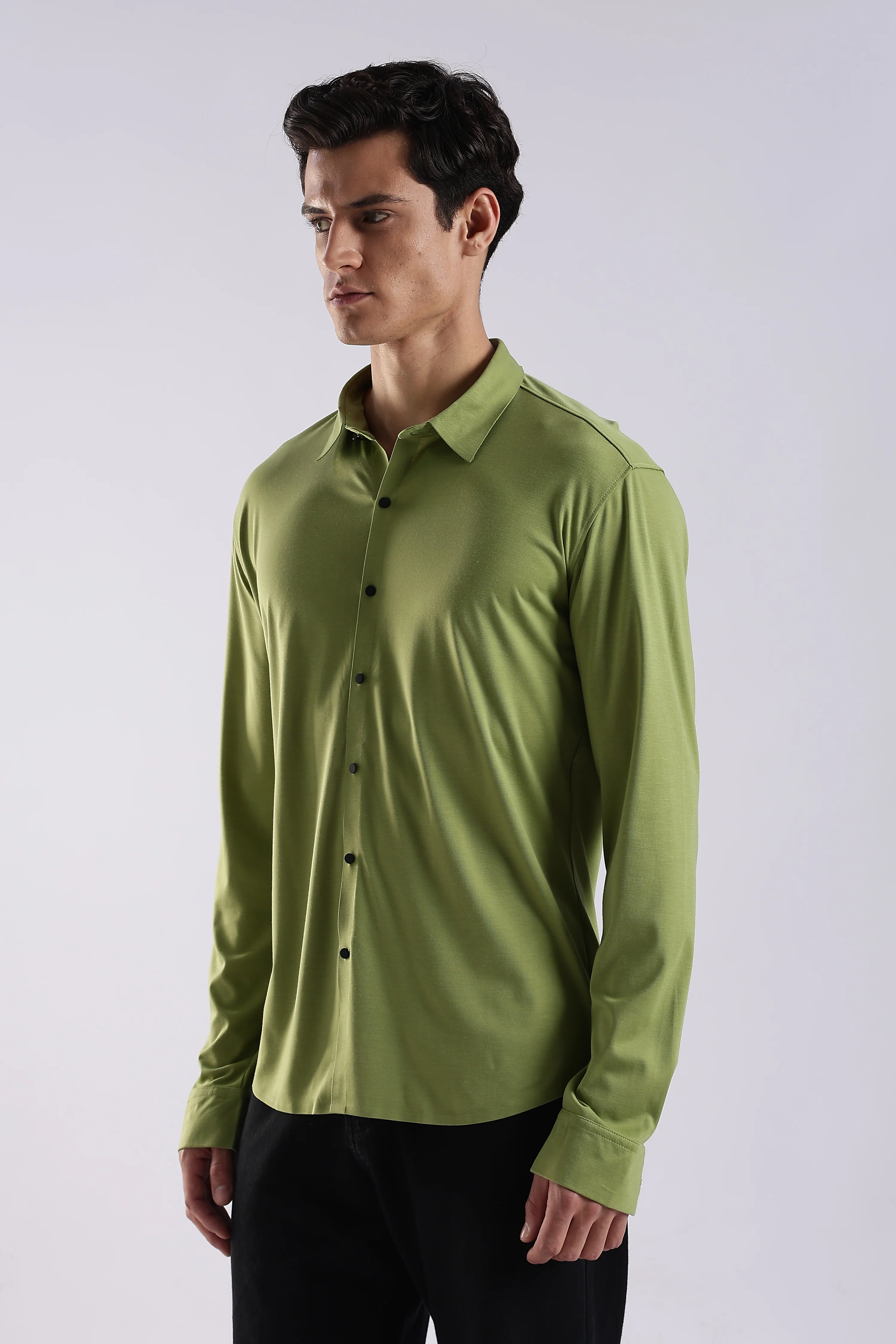 Men Green Knitted Slim Fit Shirt - Image 3