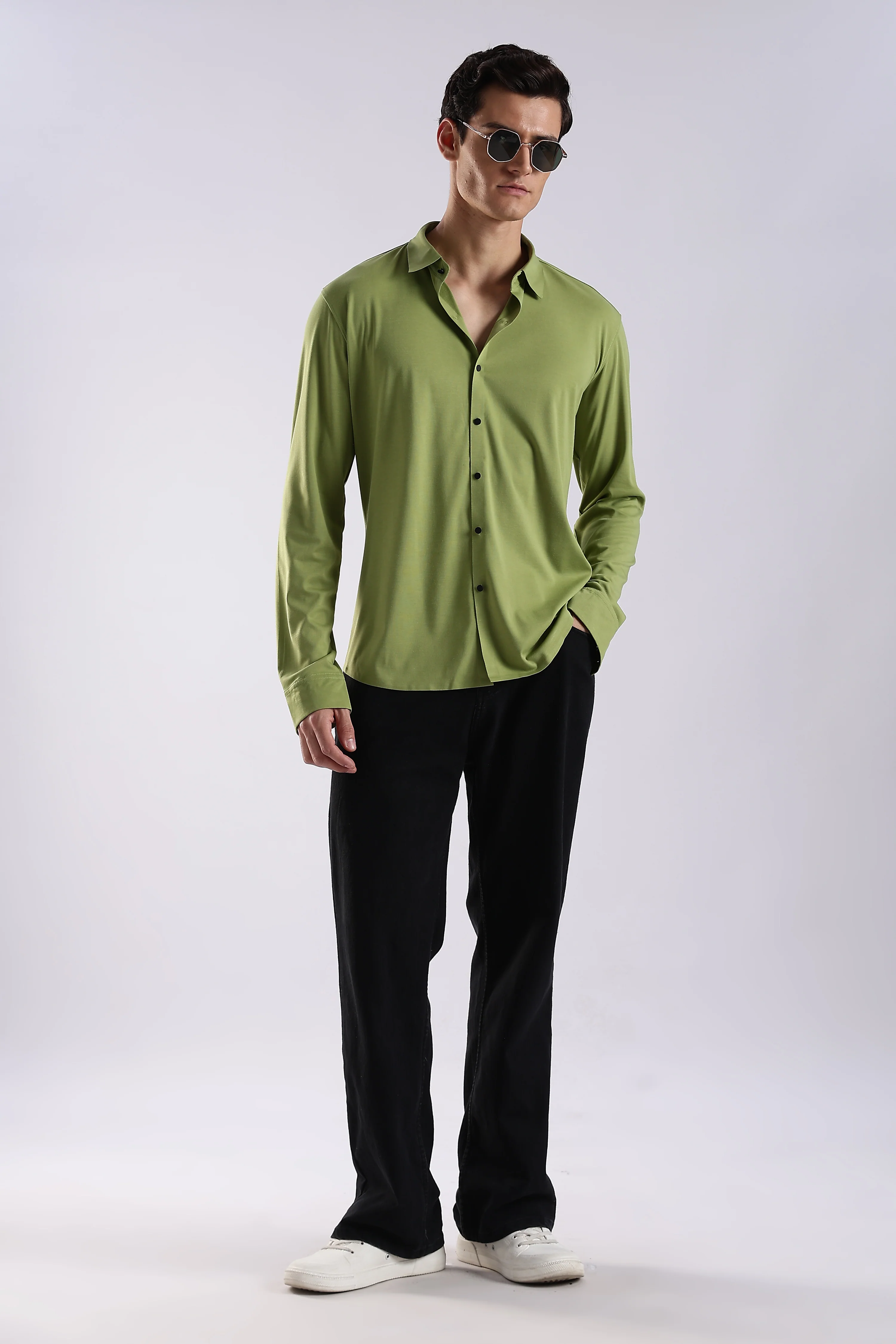Men Green Knitted Slim Fit Shirt - Image 7