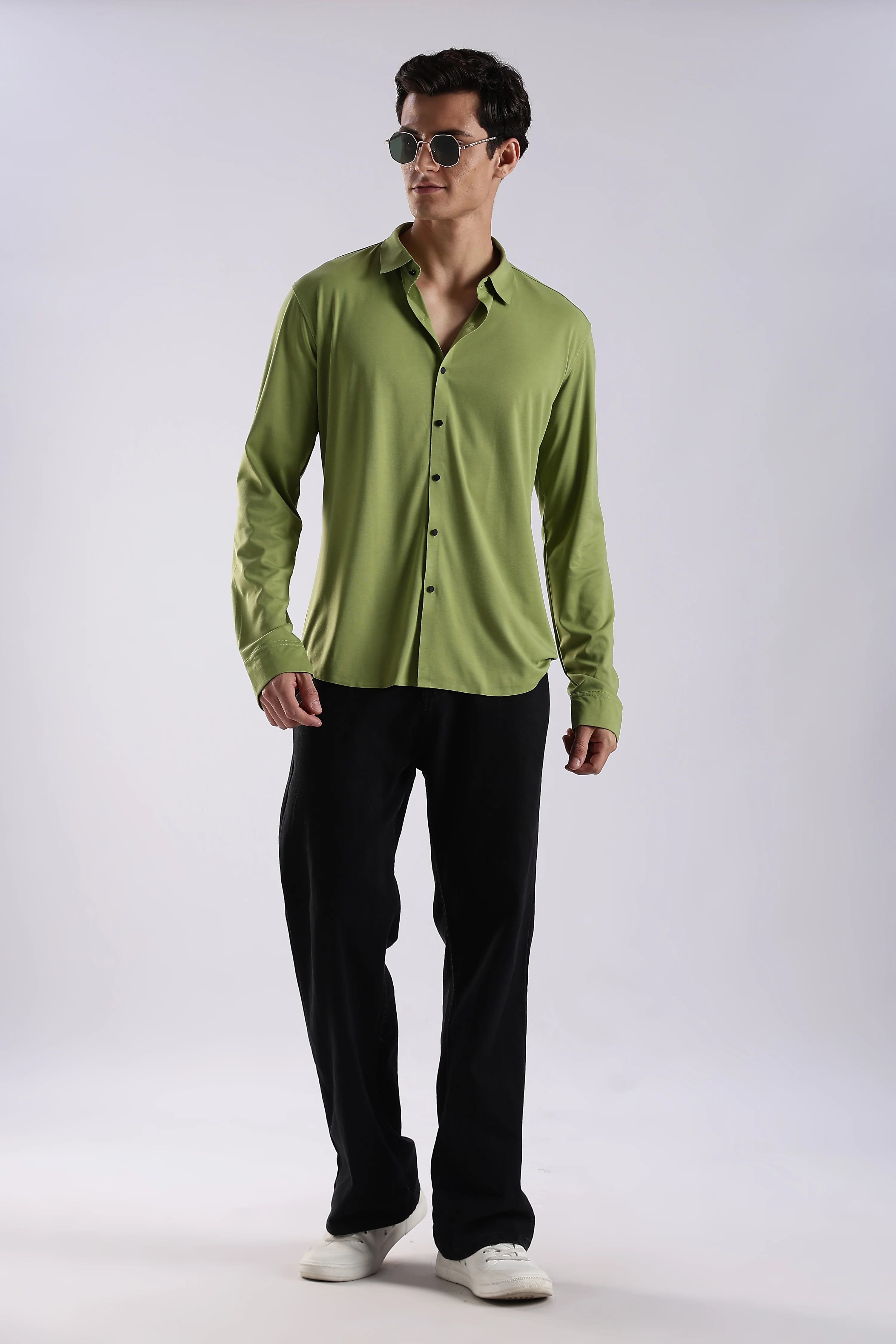 Men Green Knitted Slim Fit Shirt - Image 8