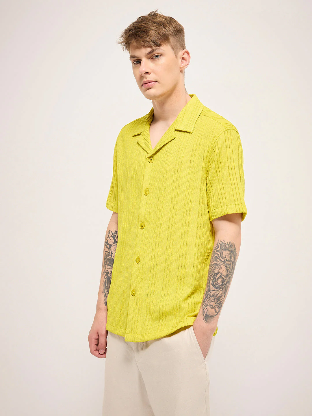 Men Green Lime Self Design Regular Fit Casual Shirt - Image 3