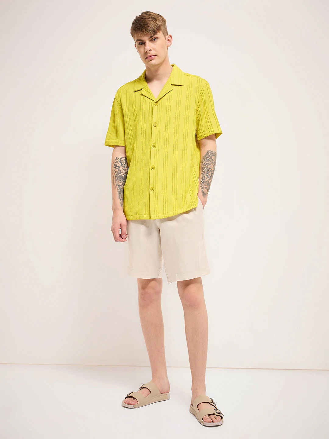 Men Green Lime Self Design Regular Fit Casual Shirt - Image 5