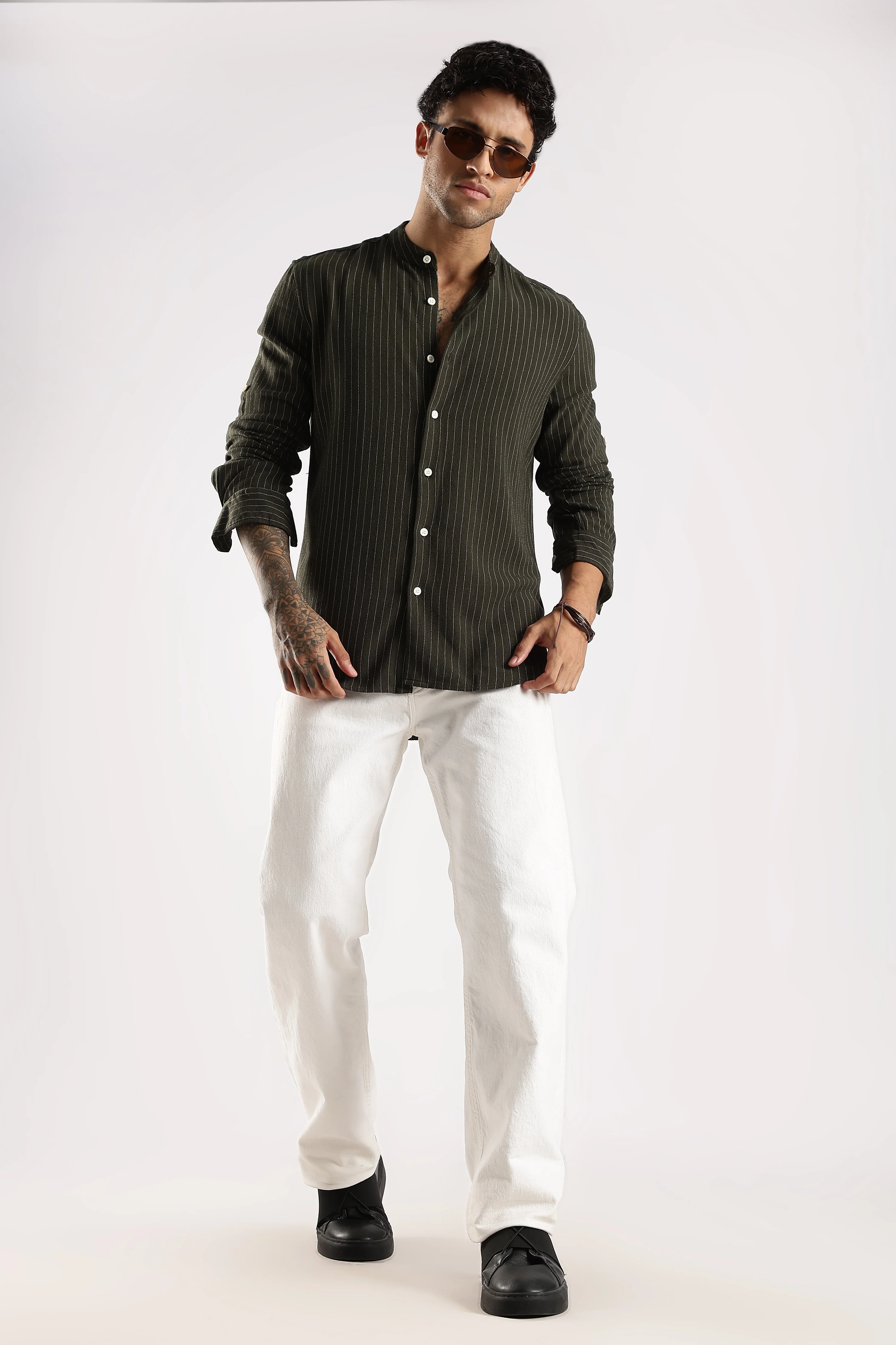 Men Green Linen Blend Striped Shirt - Image 10