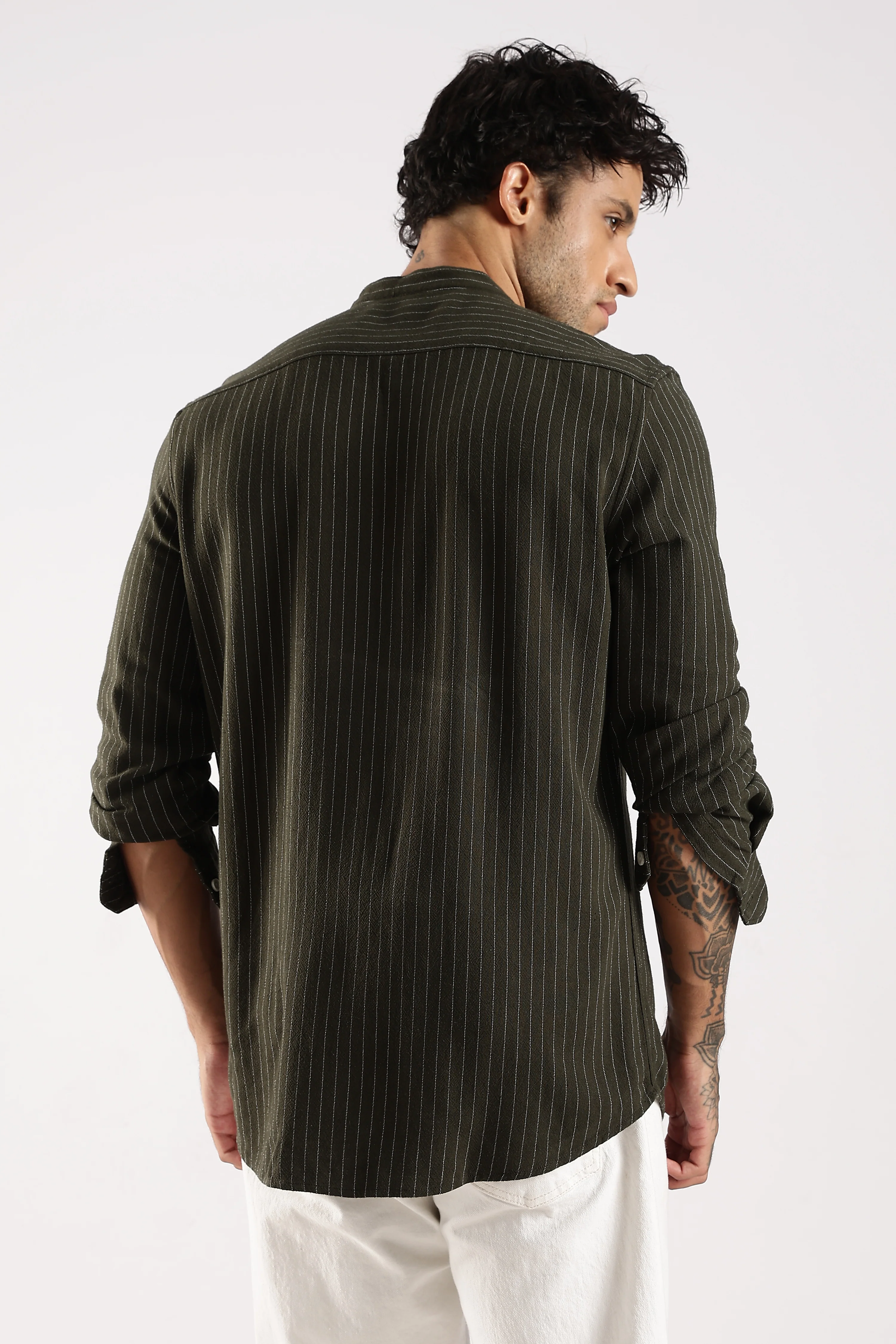 Men Green Linen Blend Striped Shirt - Image 2