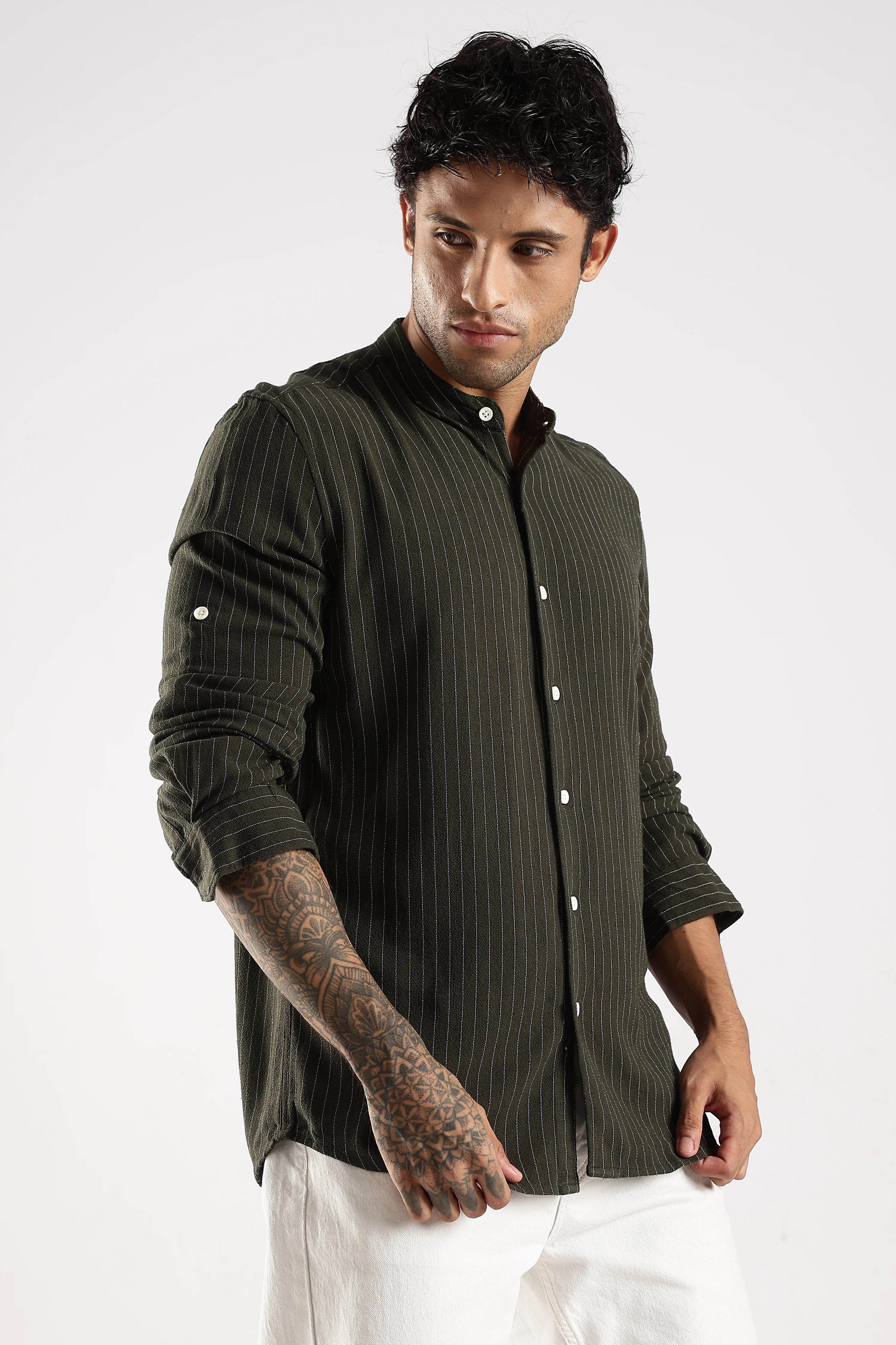 Men Green Linen Blend Striped Shirt - Image 3