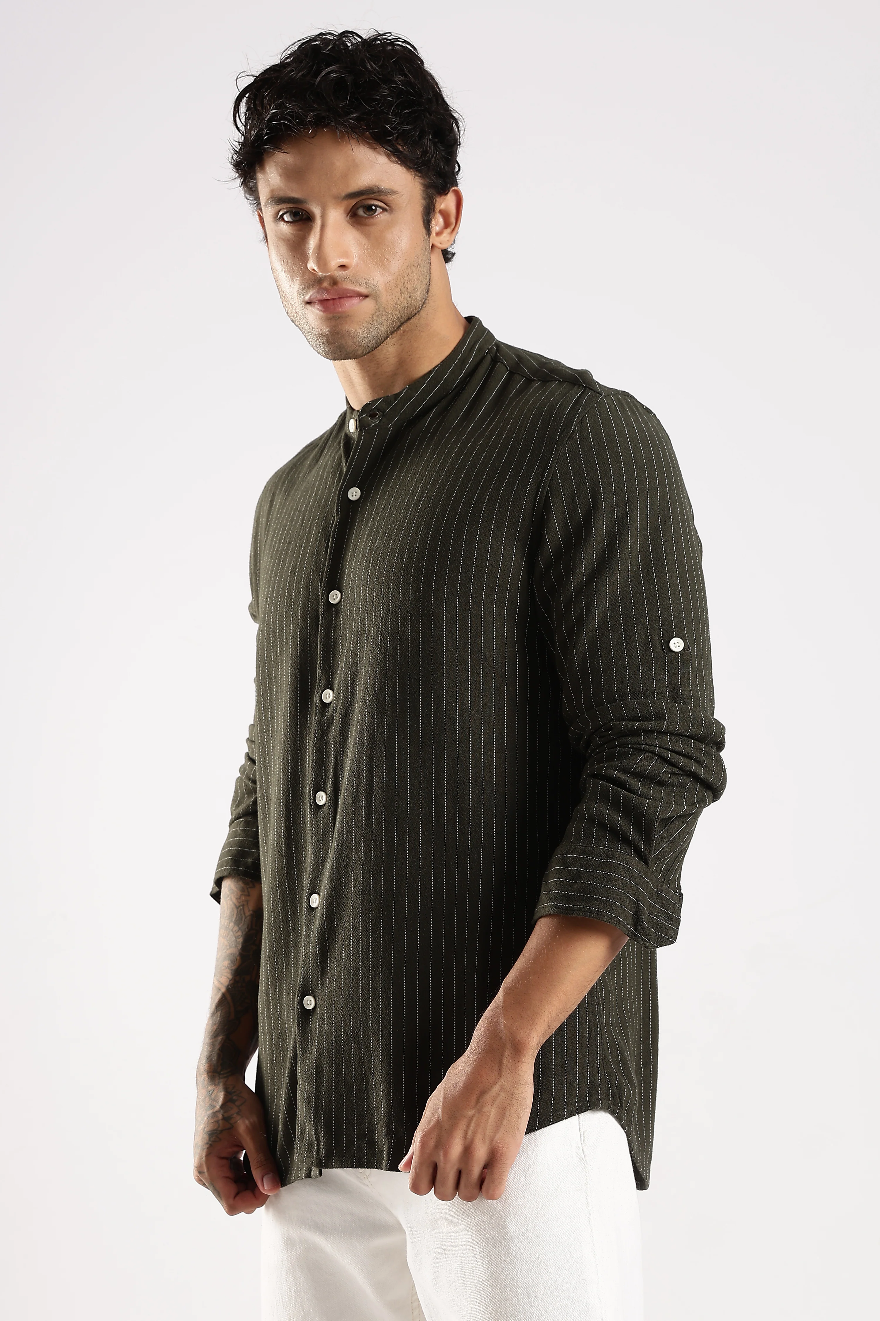 Men Green Linen Blend Striped Shirt - Image 4