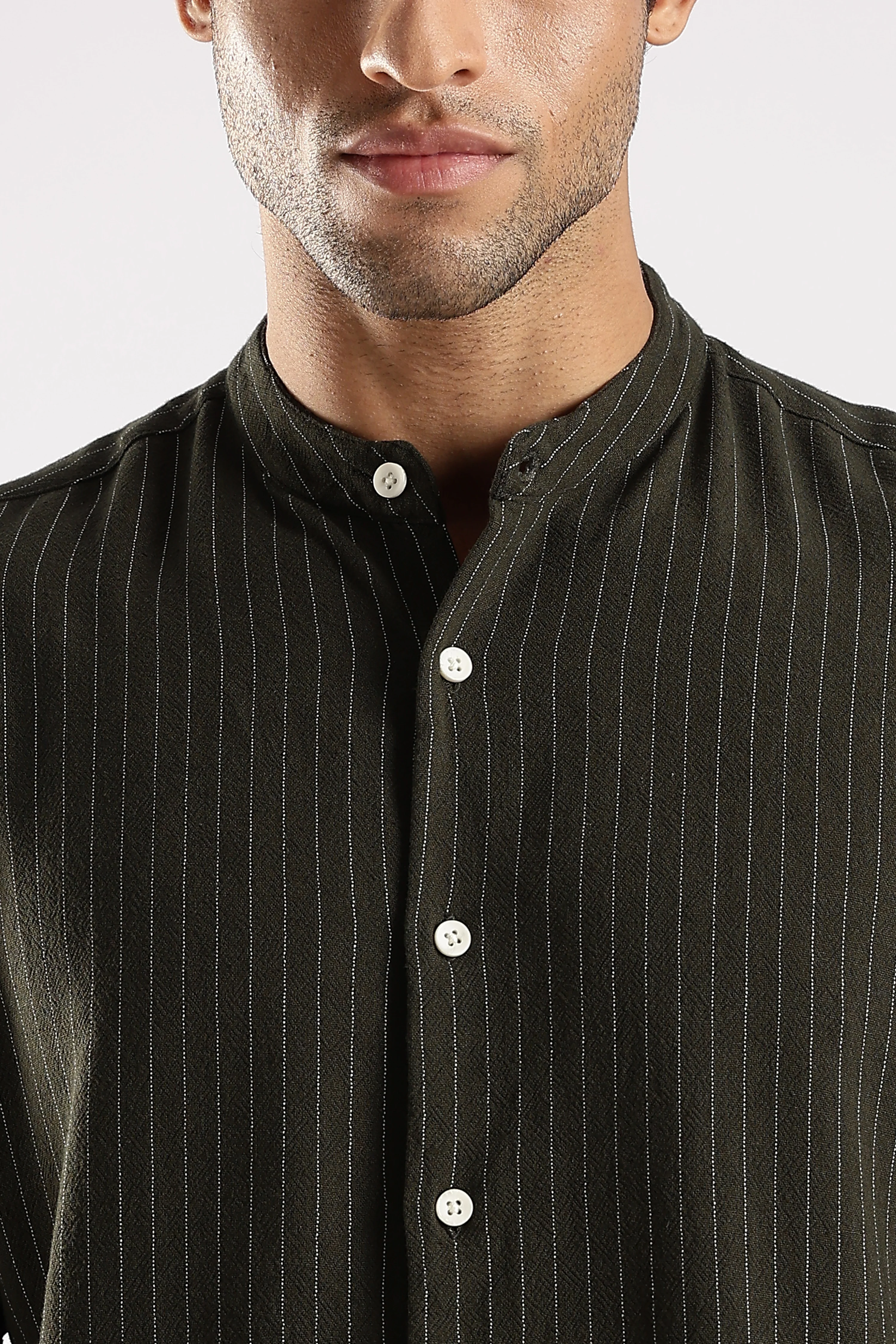 Men Green Linen Blend Striped Shirt - Image 5