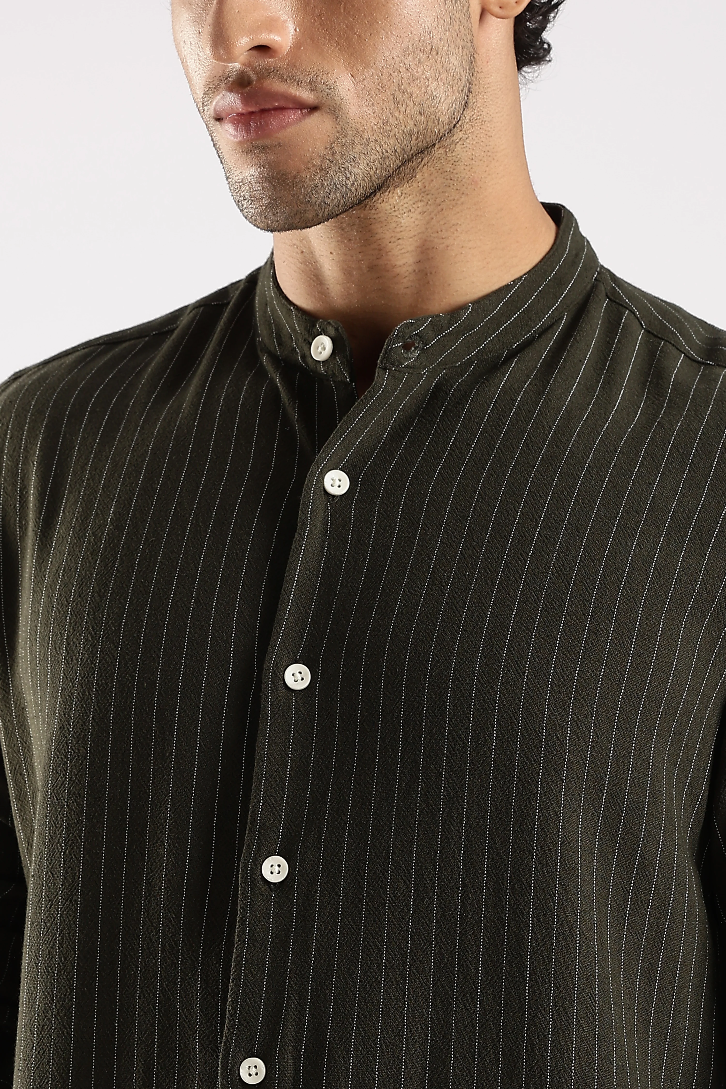 Men Green Linen Blend Striped Shirt - Image 6