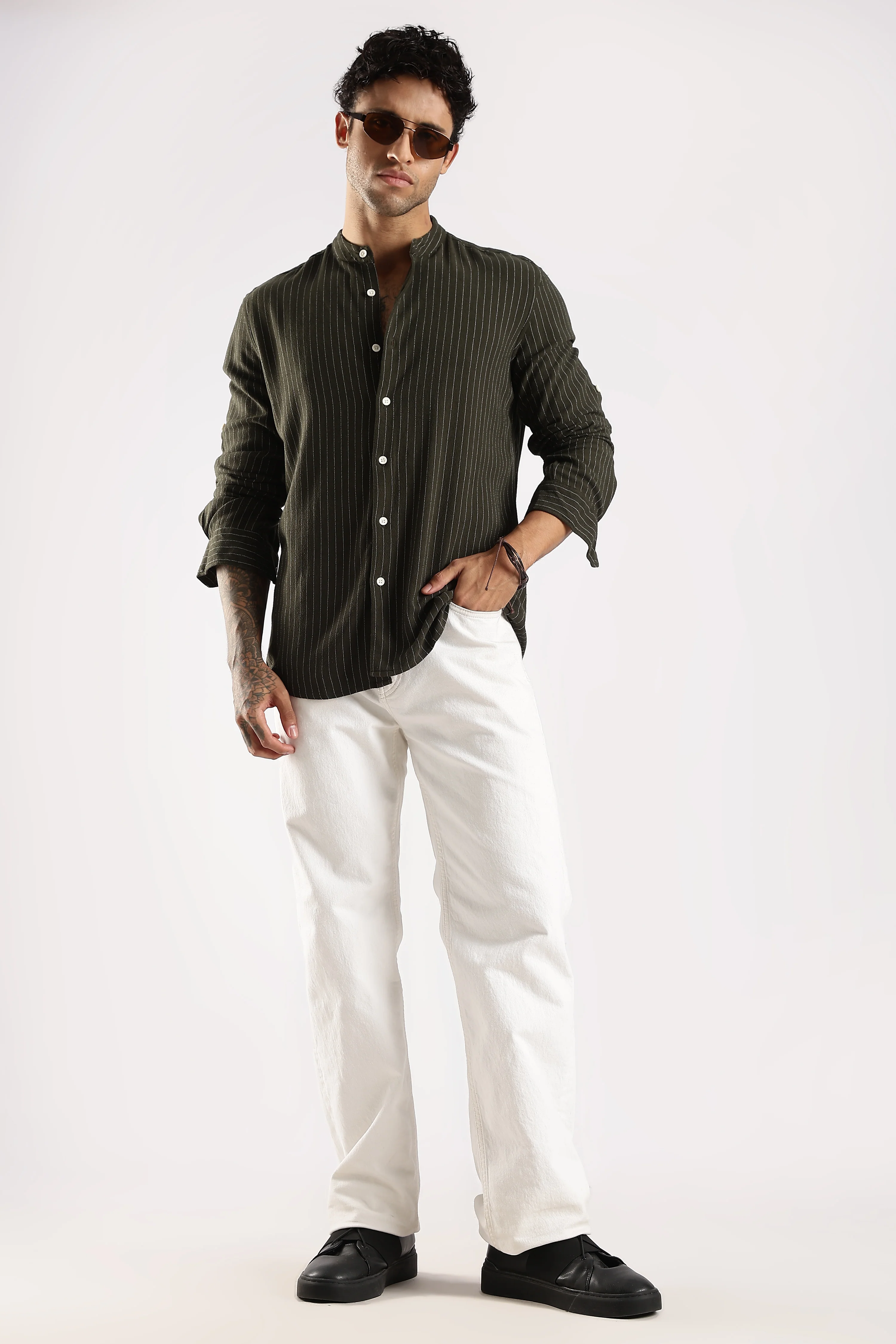 Men Green Linen Blend Striped Shirt - Image 9