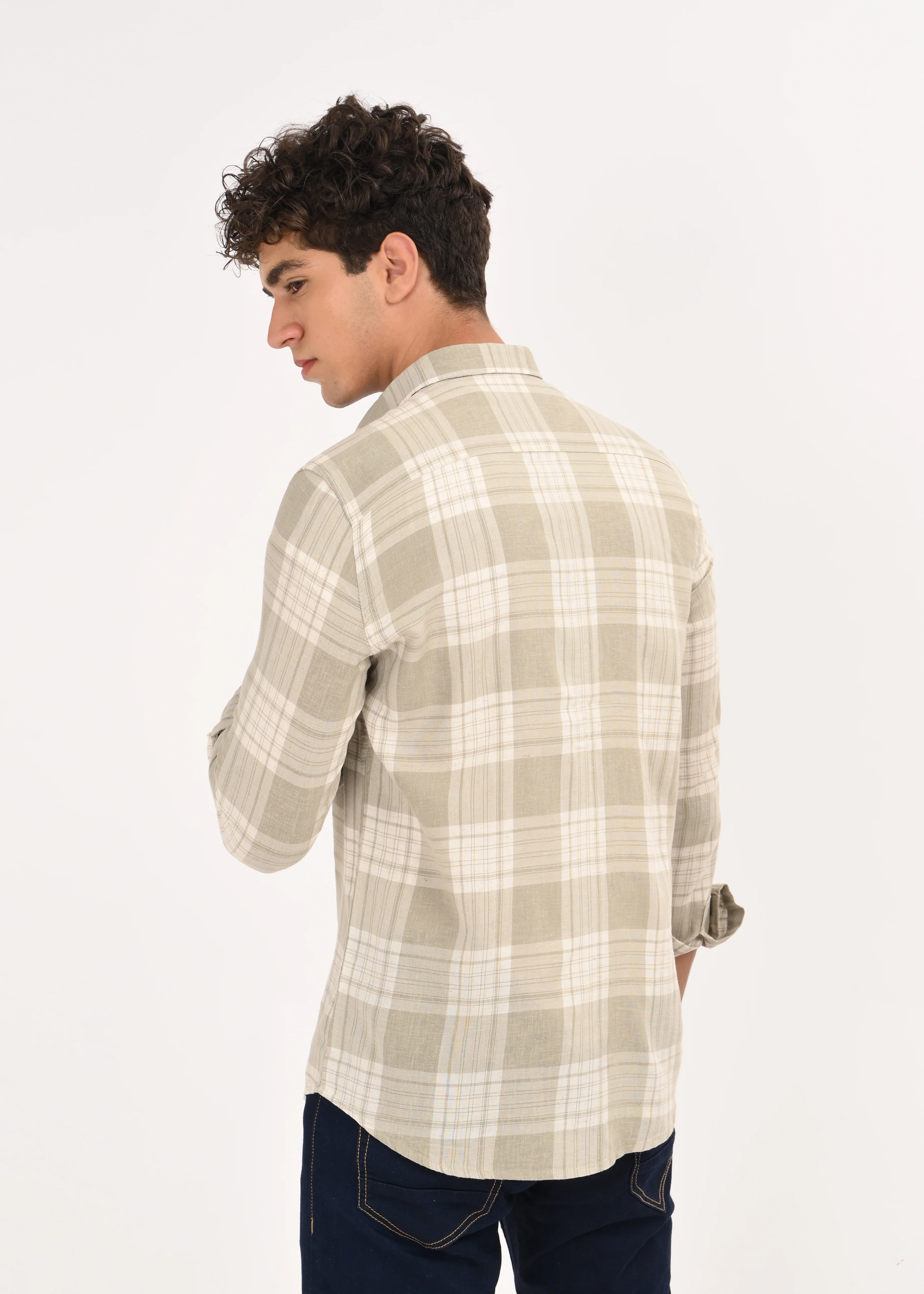 Men Green Linen Cotton Checked Shirt - Image 2
