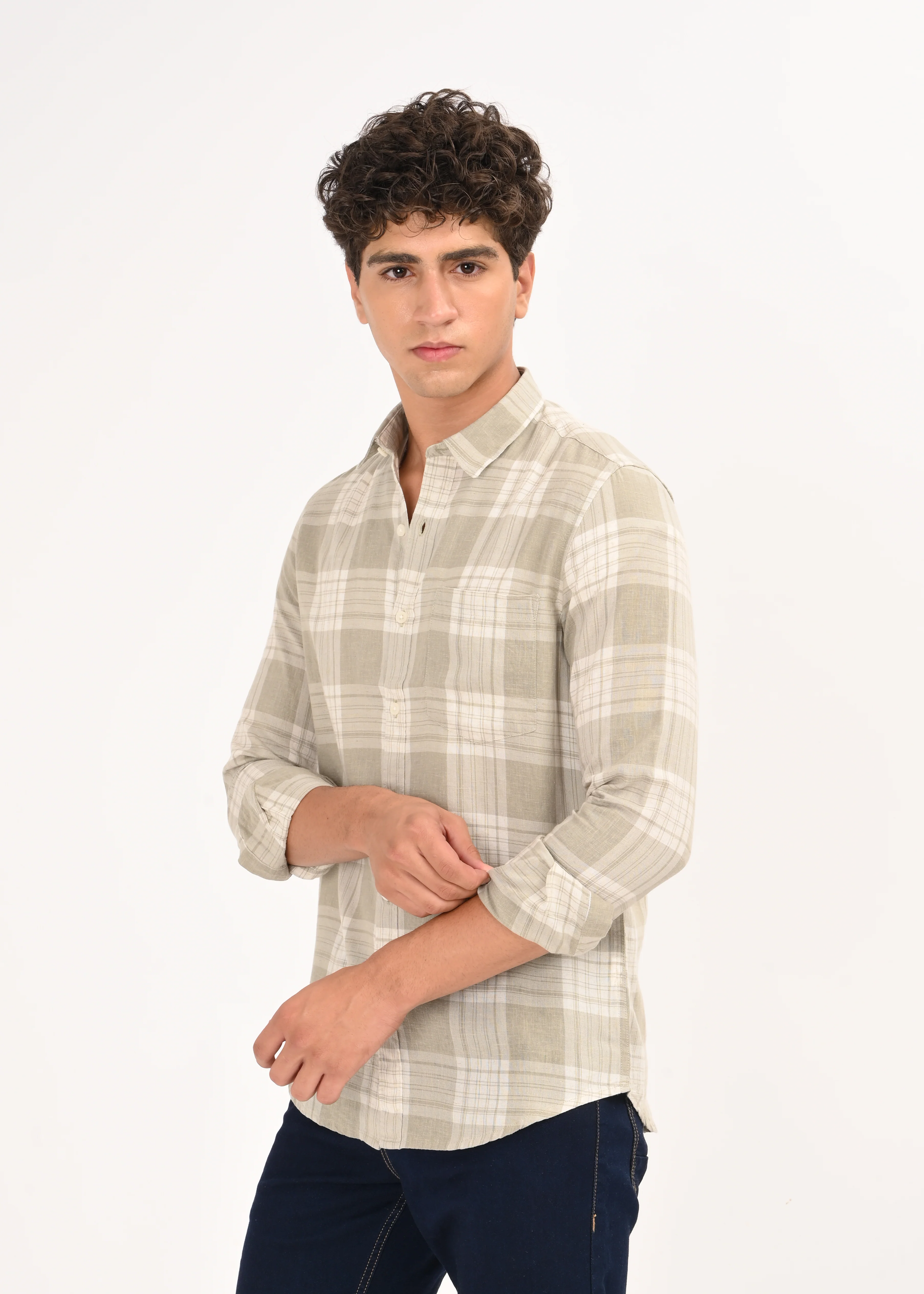 Men Green Linen Cotton Checked Shirt - Image 3