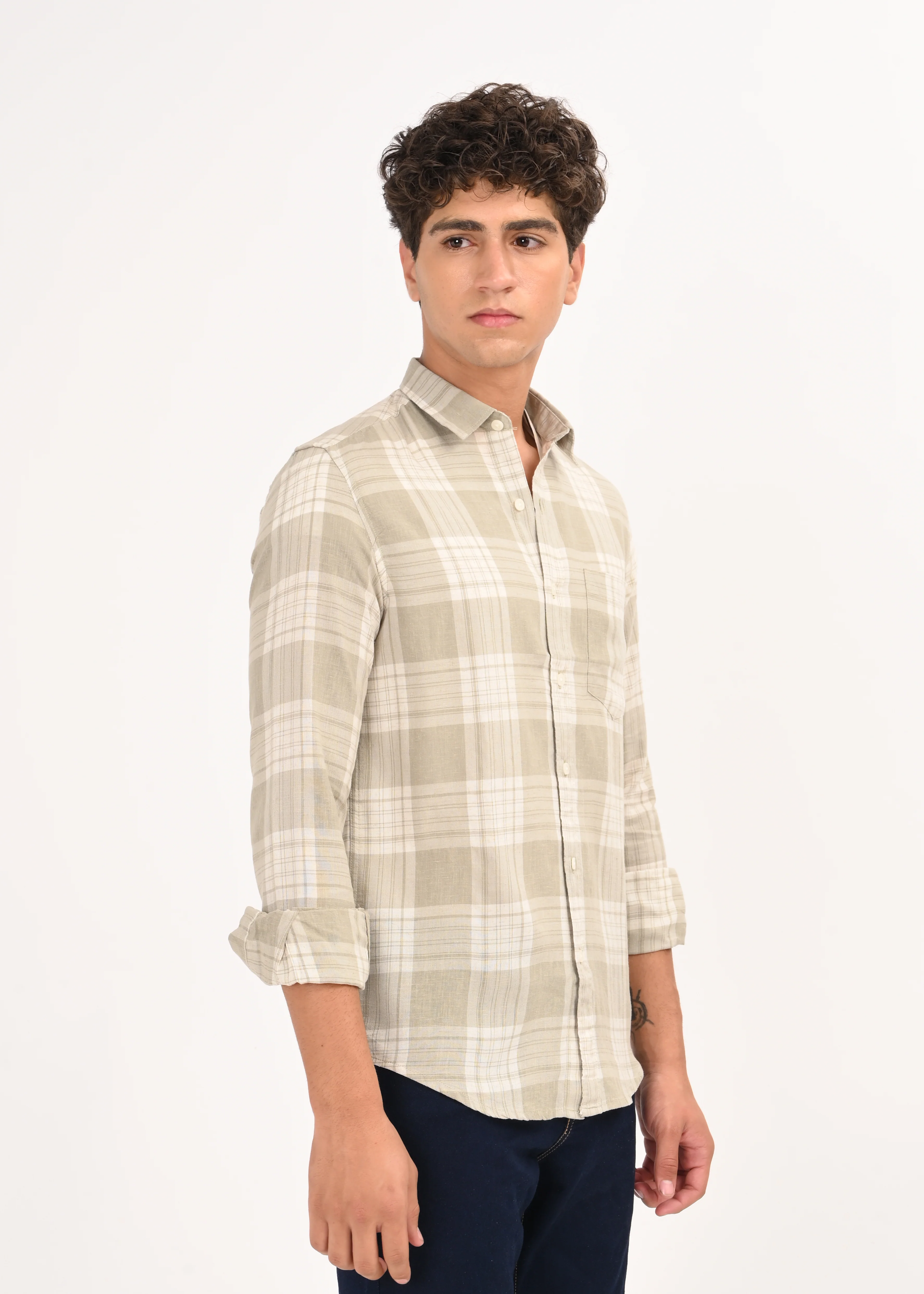Men Green Linen Cotton Checked Shirt - Image 4